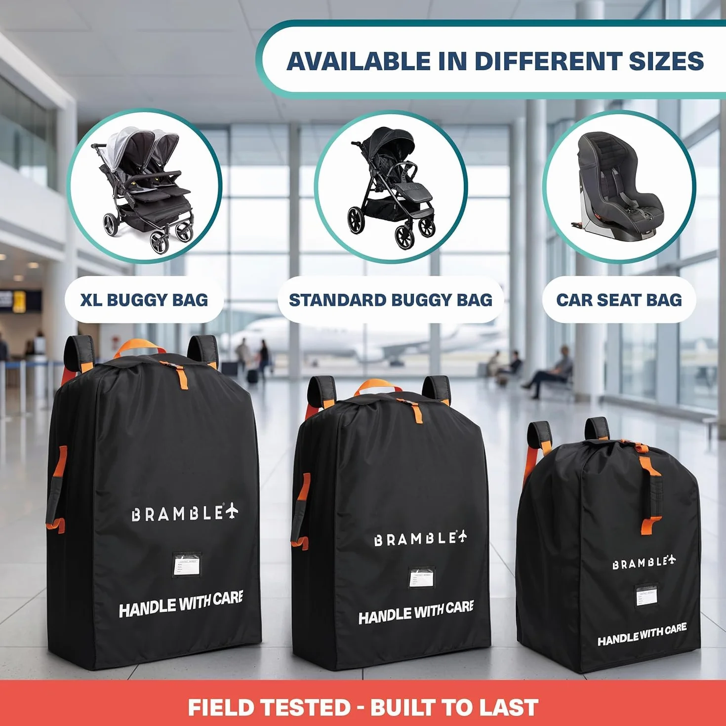 Bramble - Borsa da Trasporto Passeggino Gemellare XL per Aereo Gate Check - Nylon Balistico Idrorepellente con Spallacci Neoprene, Sacca & Finestra ID - 100 x 65 x 40 cm (Nero)