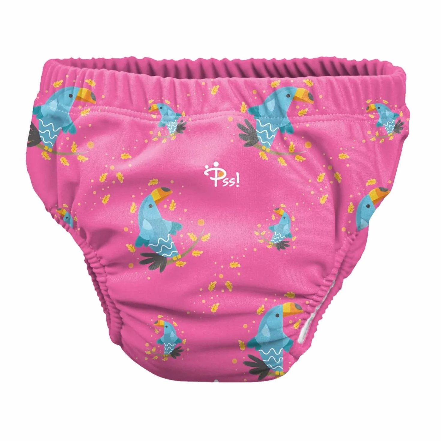 Pss! - Pannolino per Bambini per l'Acqua - Modello Crazy Toucan - Per Bambini da 3 a 8 kg - Taglia S - Unisex - Design Multicolore -Assorbente e Riutilizzabile -Impermeabile e Confortevole - 1 Pièce
