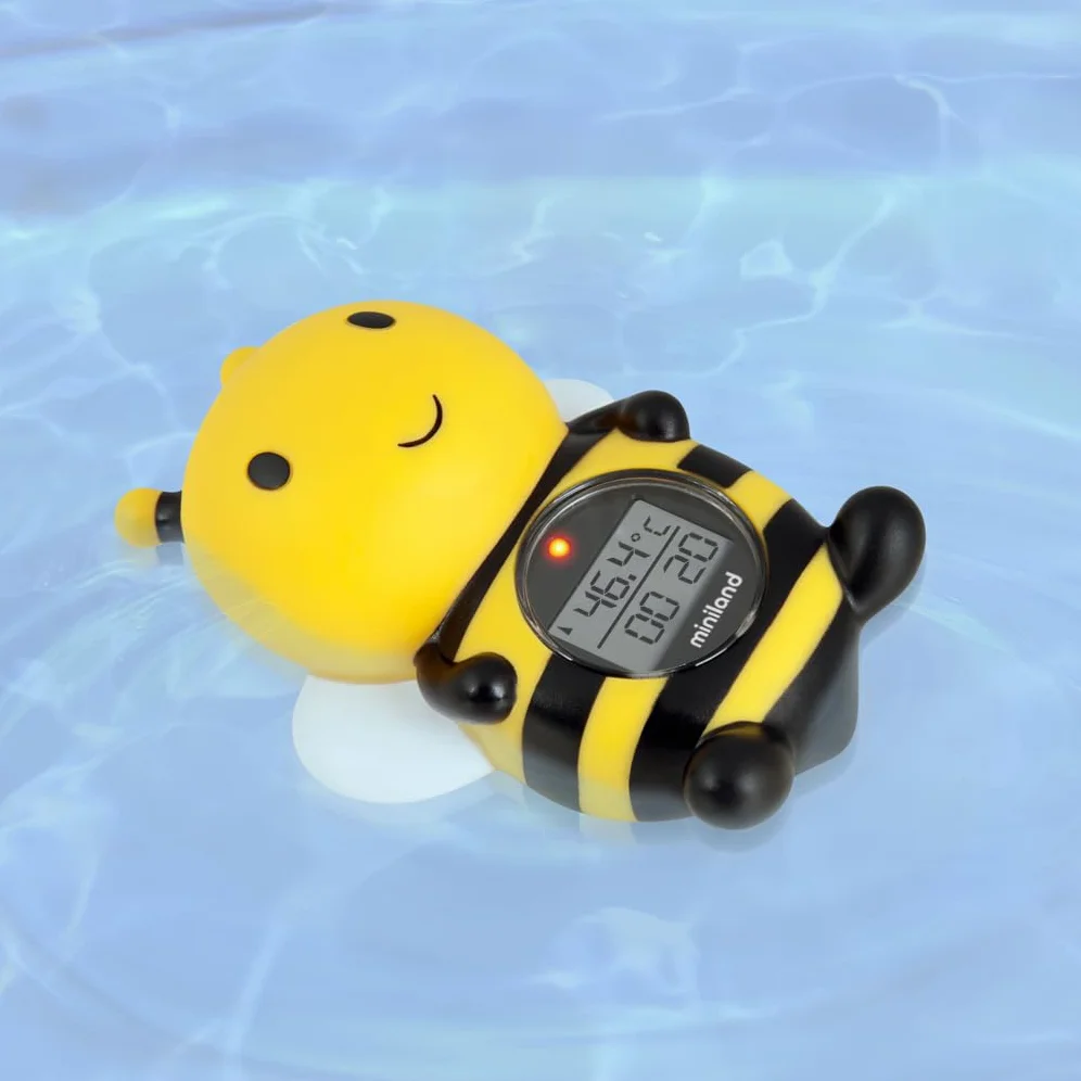 Miniland Termometro da bagno per neonati con divertente design a forma di ape, termometro da vasca per neonati, display con funzione orologio e timer, galleggiante e resistente all'acqua | Bee