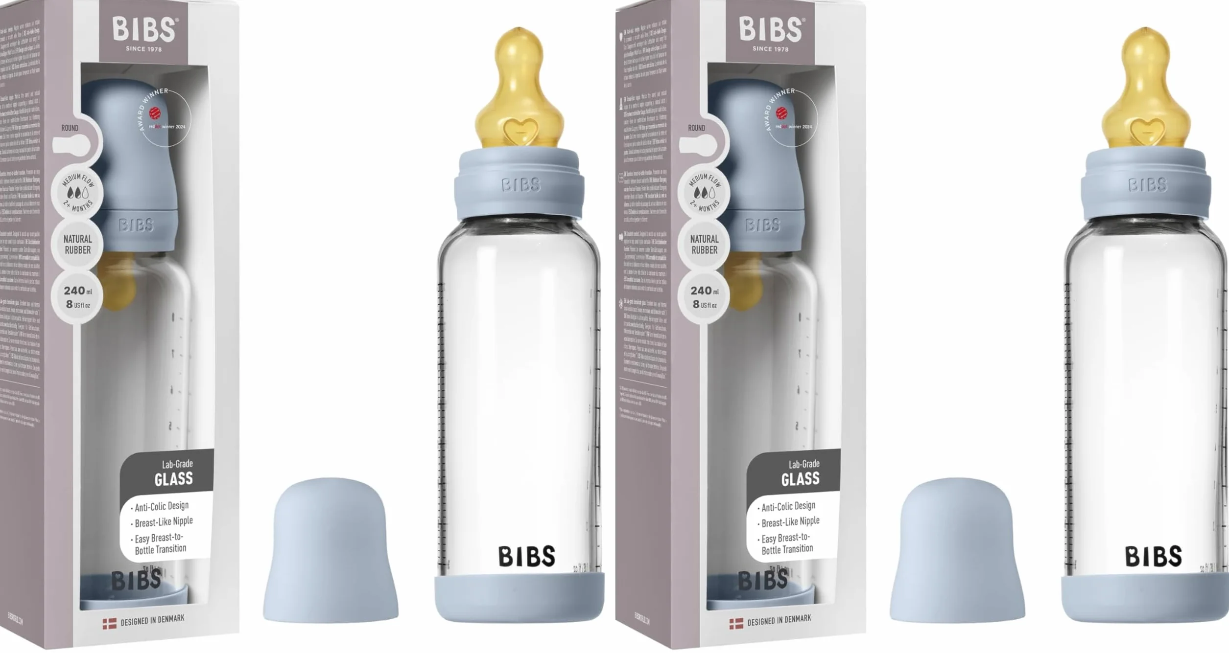 Biberon in vetro BIBS. Anti-coliche. Tettarella rotonda in lattice di gomma naturale. Favorisce l'allattamento naturale al seno. 240ml, Complete Set - Baby Blue (Confezione da 2)