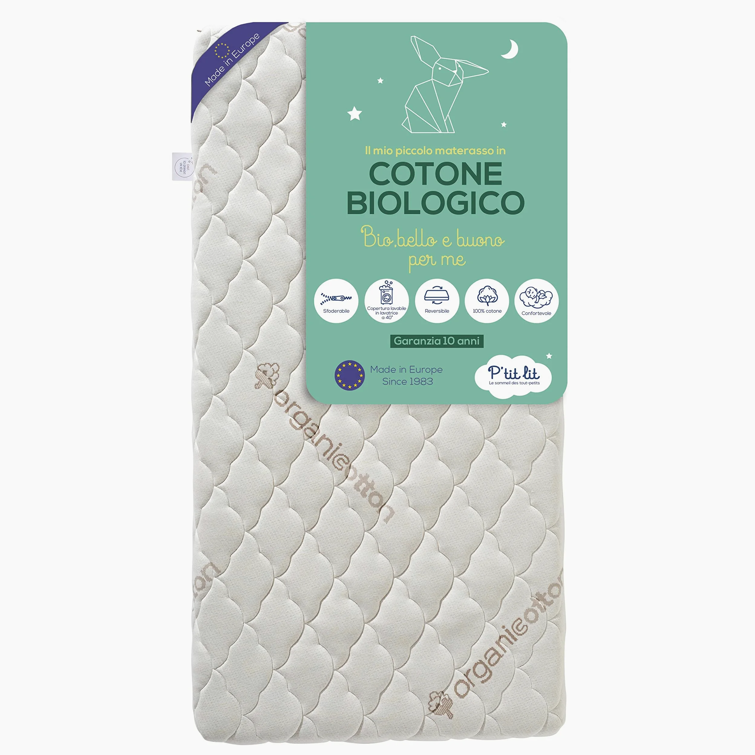 P'tit Lit - Materasso Lettino Cotone Biologico | 60x120 cm | 100% Cotone: Materia naturale di origine vegetale | Senza trattamento chimico | Sfoderabile | OekoTex® | Fabbricazione europea