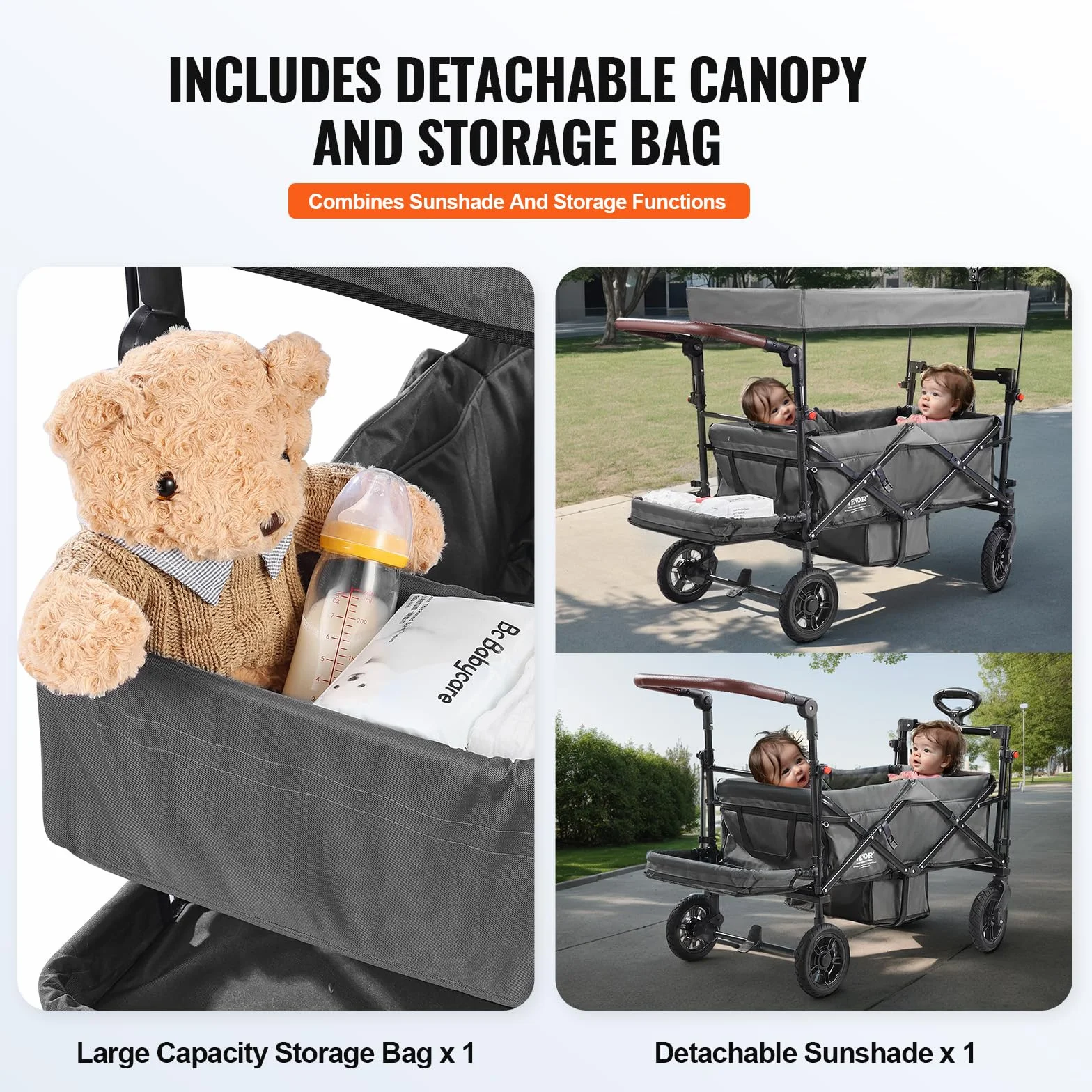 VEVOR Passeggino Wagon per 2 Bambini, Passeggino Pieghevole con Maniglia Regolabile, Tettuccio Rimovibile, Lmbracatura Circolare, 4 Ruote Freni Passeggino Portatile Multifunzione Campeggio, Grigio