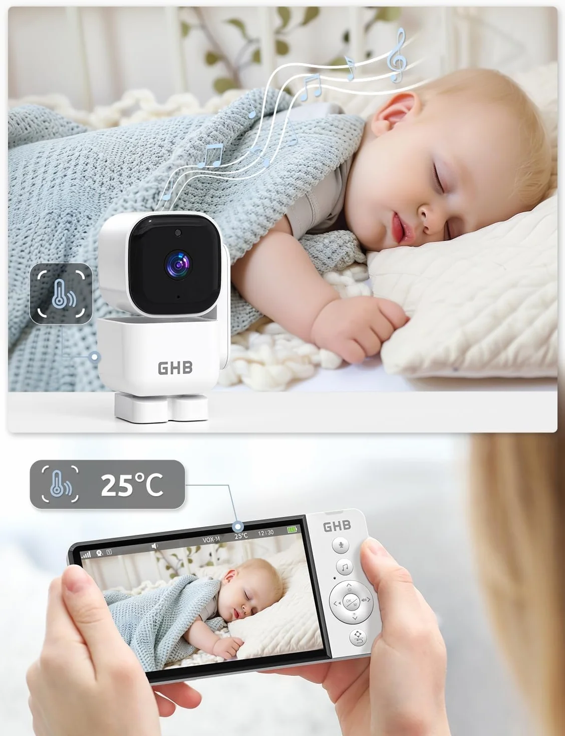 GHB Baby Monitor Video e Audio 5'' 720HD IPS 5000mAh Schermo, 350° Telecamera Rotante, Rilevamento della Temperatura, Interfono Bidirezionale, VOX, Visione Notturna, Ninne Nanne