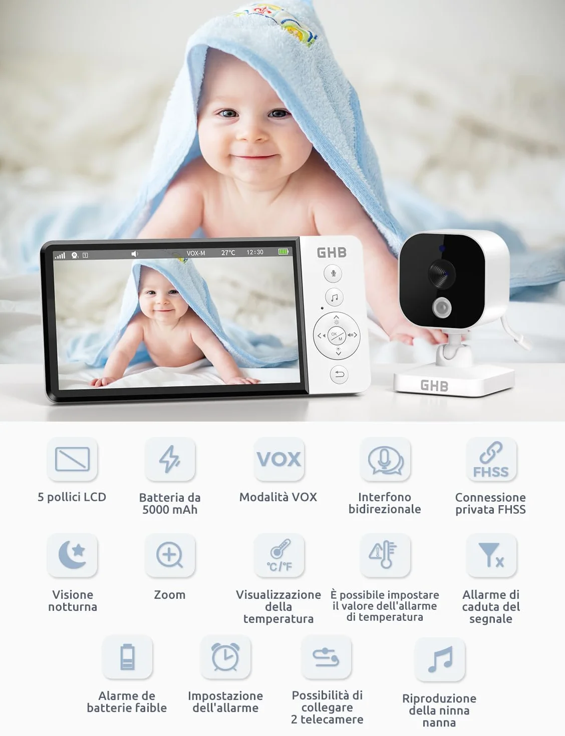 GHB Baby Monitor Video e Audio 5" Telecamera Neonato con Monitor IPS 5000mAh VOX, Visione Notturna, Rilevamento della Temperatura, Ninnananna