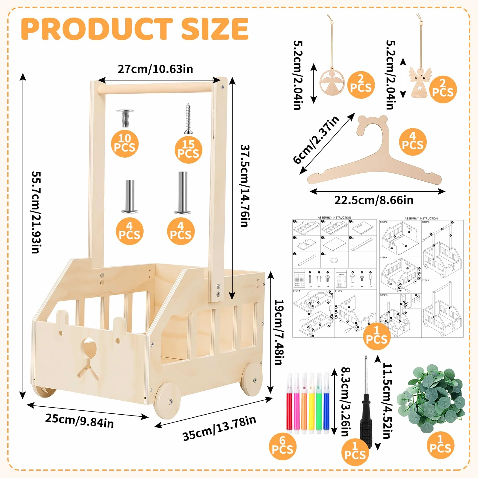 Cesto Nascita Bimbo in Legno con Ruote, Maniglia e 5 Grucce, Cesto Regalo Organizzatore per Prodotti Neonato, Idea Regalo Nascita e Regalo Baby Shower, Design Orsetto per Cameretta