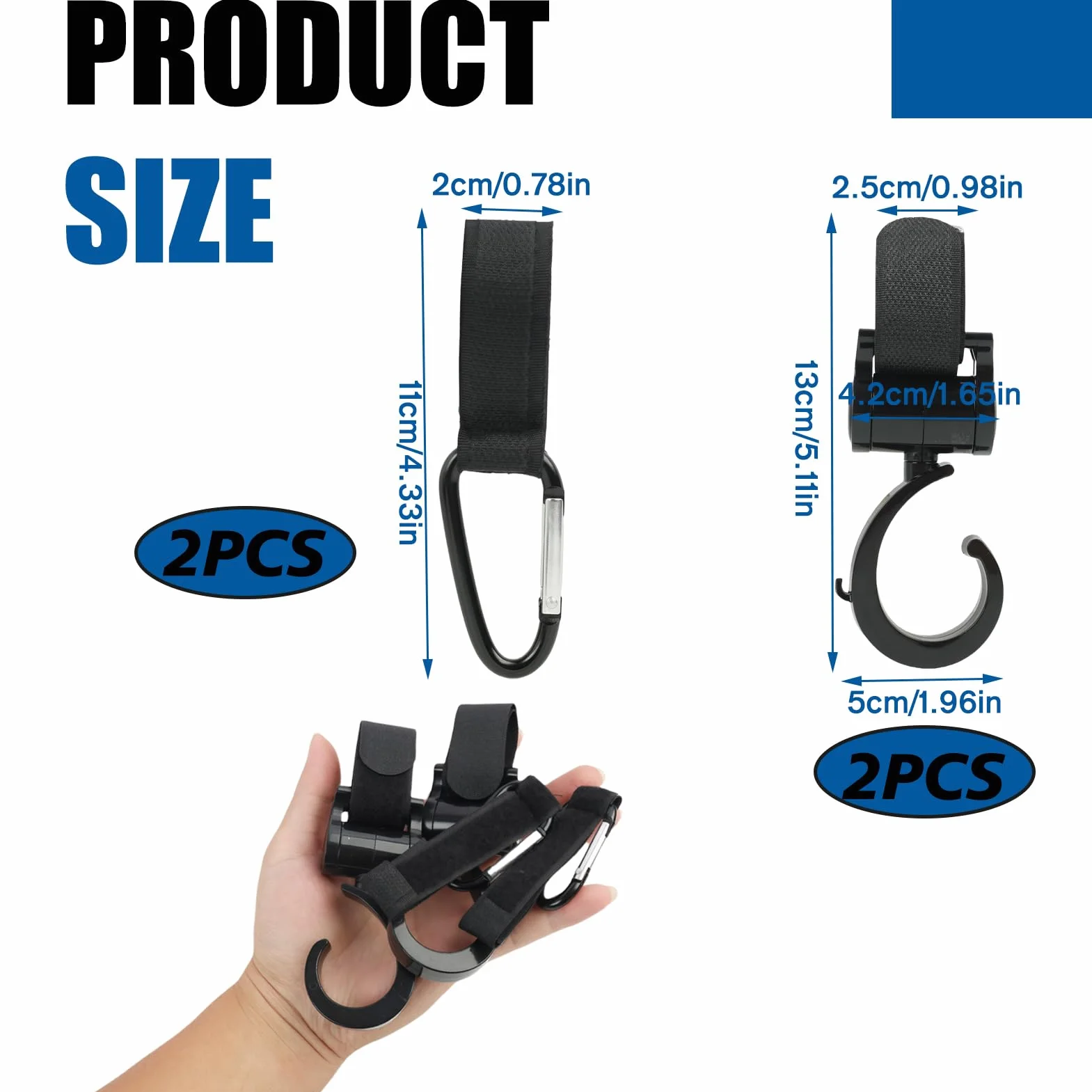 Set di 4 Pezzi, Ganci Passeggino, Universali Rotanti, Ganci Multifunzionali per Passeggini, Carrelli e Trolley, Nero, Facili da Installare, Resistenti e Adattabili