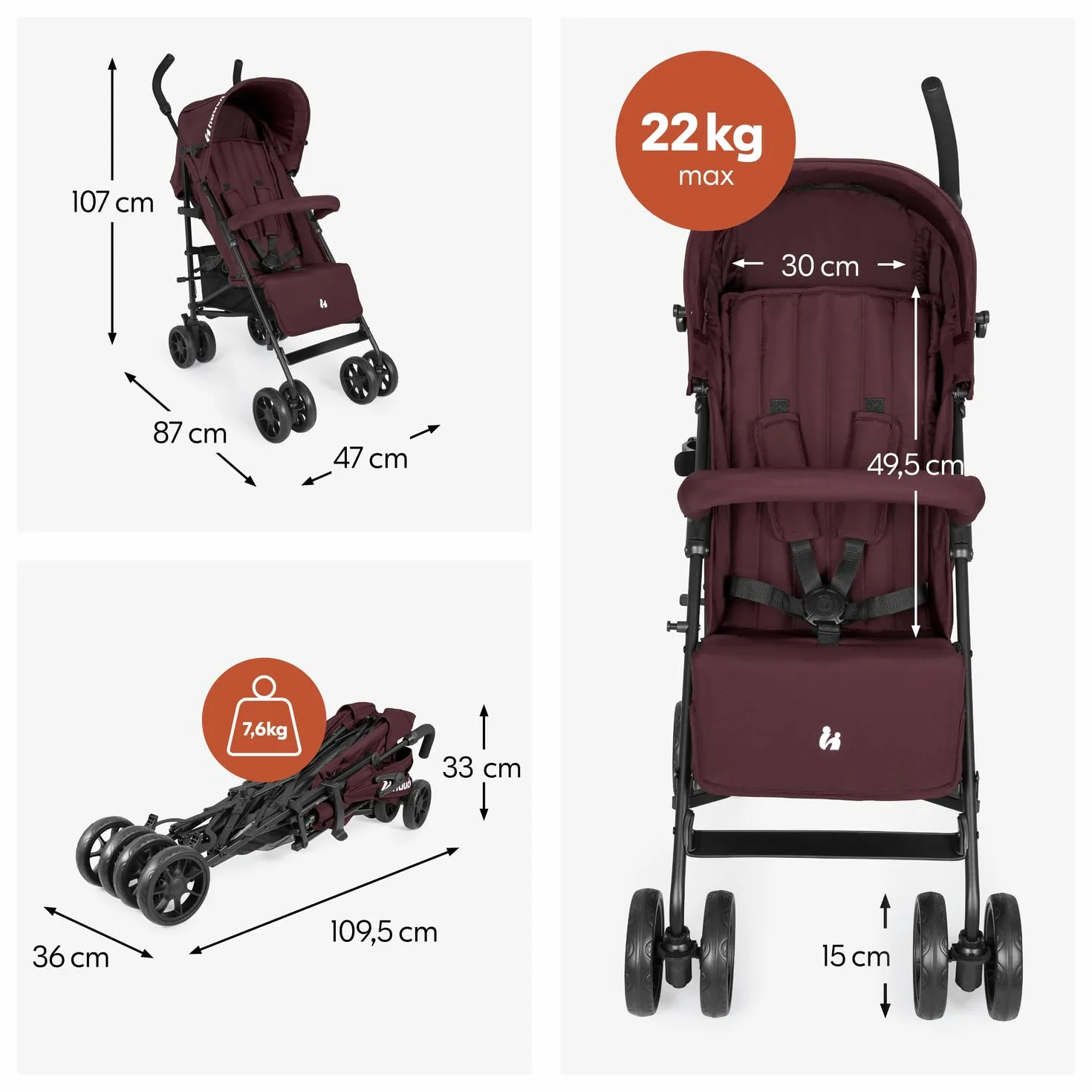 hauck Fold N Care, Blackberry - Passeggino a Ombrello per Bambini da 6 Mesi fino a 22 kg, Pieghevole e Leggero (7,6 kg), Schienale Reclinabile, Cappottina UPF 50+, Cesto XL, Ruote EVA Piroettanti