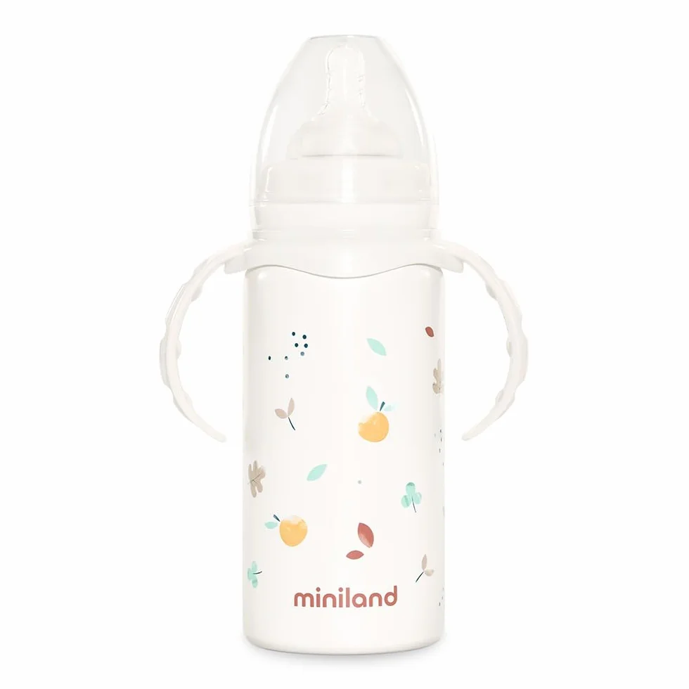 Miniland Thermobaby Valencia 240ml. Thermos da 240 ml in acciaio inox con tettarella, doppio strato di acciaio, che mantiene la temperatura della bevanda fredda e calda per ore.
