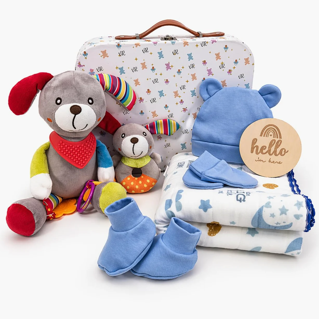 Regalo Neonato Maschio Femmina - Regalo Nascita Bimbo Bimba - Set Nascita 8 Pezzi con Valigetta, Copertina in Cotone, Peluche e Sonaglio - Cofanetto Regalo