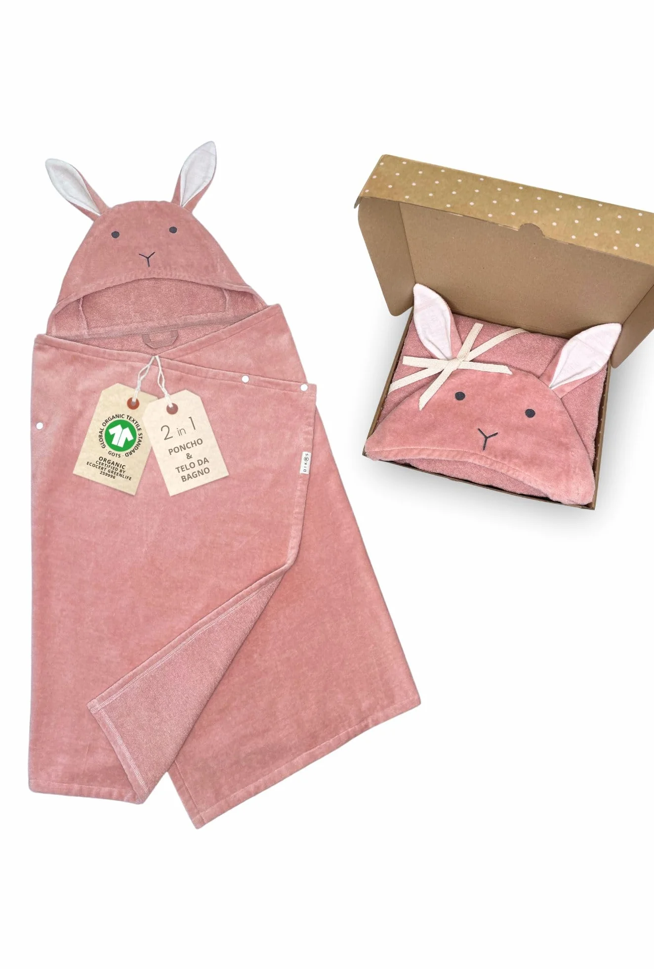 DIKOS® Poncho Bagno Bimbi Rosa Antico 70x140 cm | 2 in 1 Asciugamano Cappuccio Coniglio, Bottoni a Pressione, fino a Tg. 140 | 100% Cotone Bio Spugna/Velour, Morbido e Assorbente | Regalo Nascita
