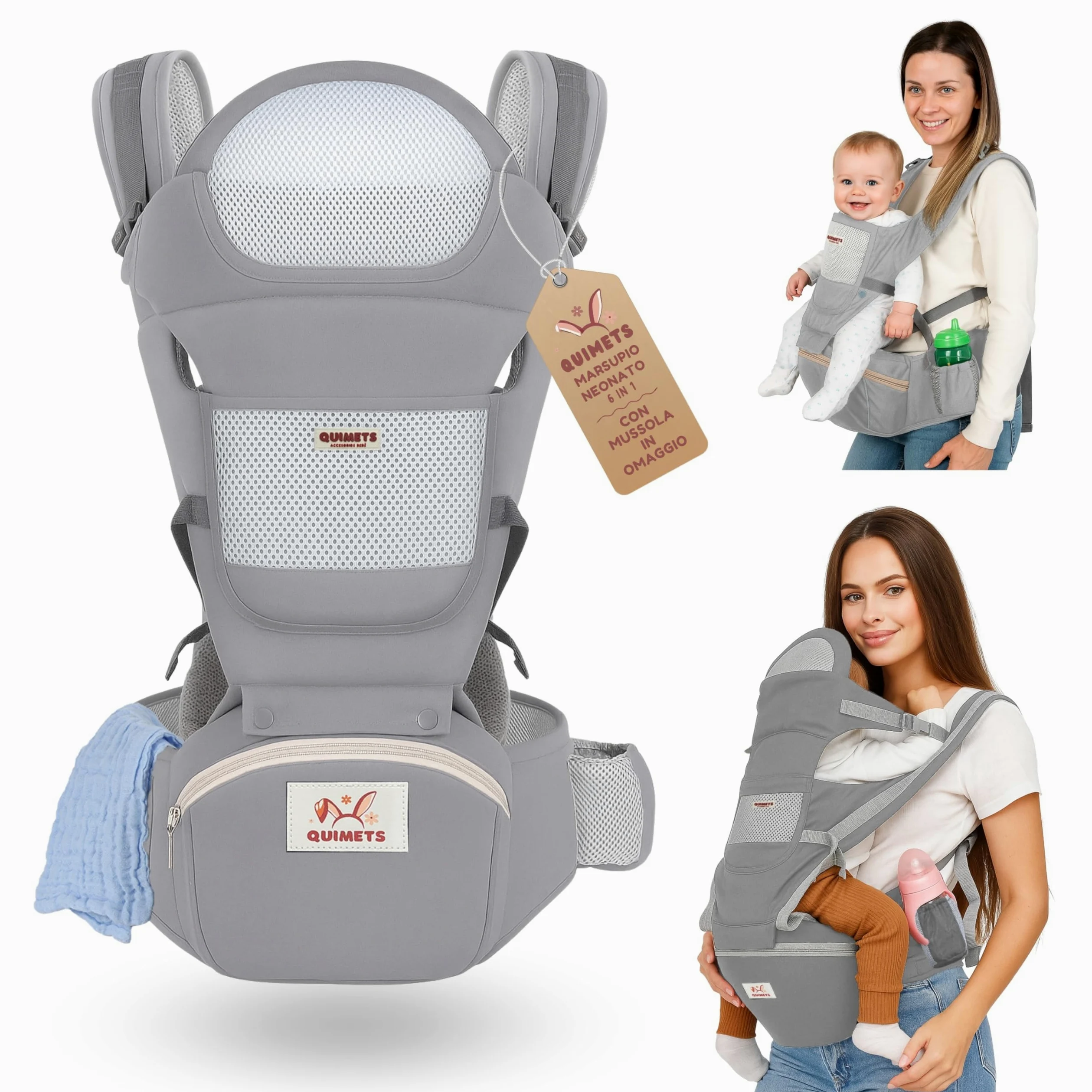 Marsupio neonato 0-36 mesi ergonomico 6 in 1 – Zaino porta bambino regolabile con seduta removibile, supporto lombare, tessuto traspirante e mussola in omaggio