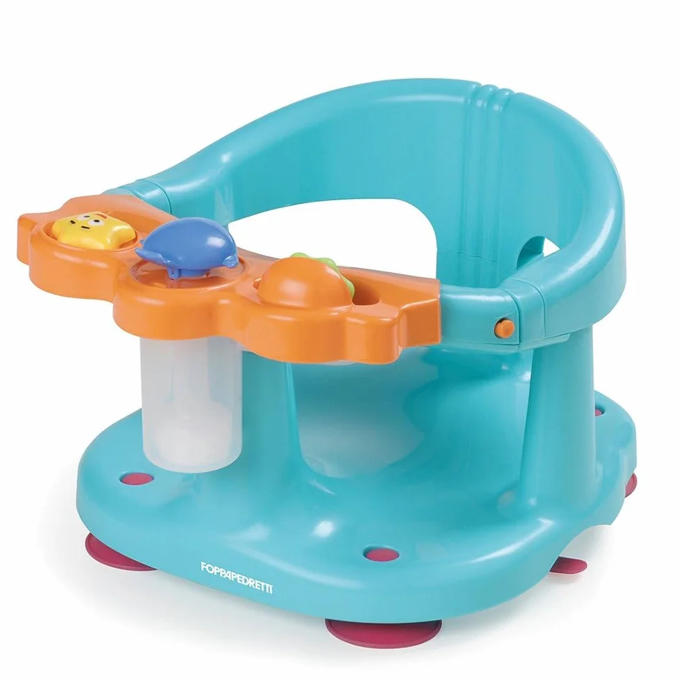Foppapedretti Seggiolino Da Bagno Tuffetto ,30x38.5x24.5 cm, per Bambini fino a 13 Kg, Dotato di davanzalino con giochini e pompetta spruzza acqua, Bracciolo di protezione, Arancio Azzurro