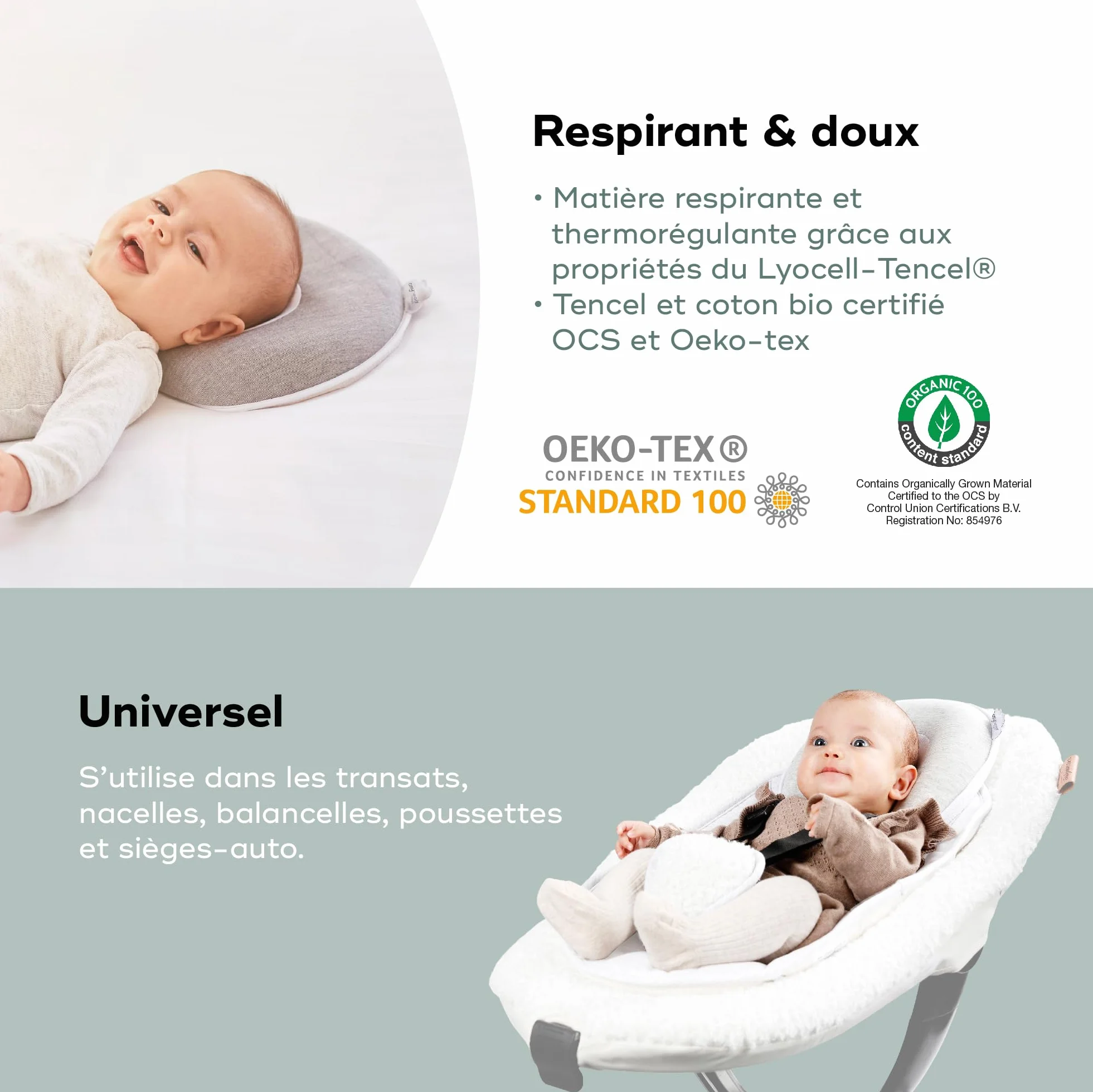 Babymoov Cosyhead Fresh Smokey, cuffia ergonomica e traspirante per bambini, made in Europe