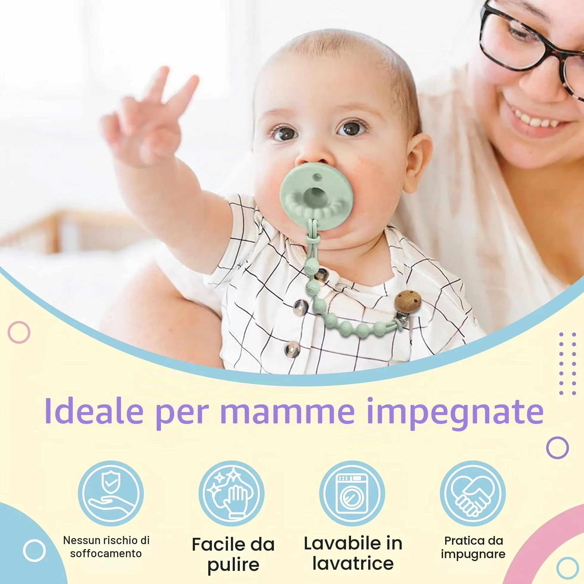 Catenella Portaciuccio - Porta Ciuccio: Set 2 PCS Con Catenella Ciuccio, Portaciuccio Mam Clip per Tenere Pulito Il Ciuccio Del Tuo Bambino