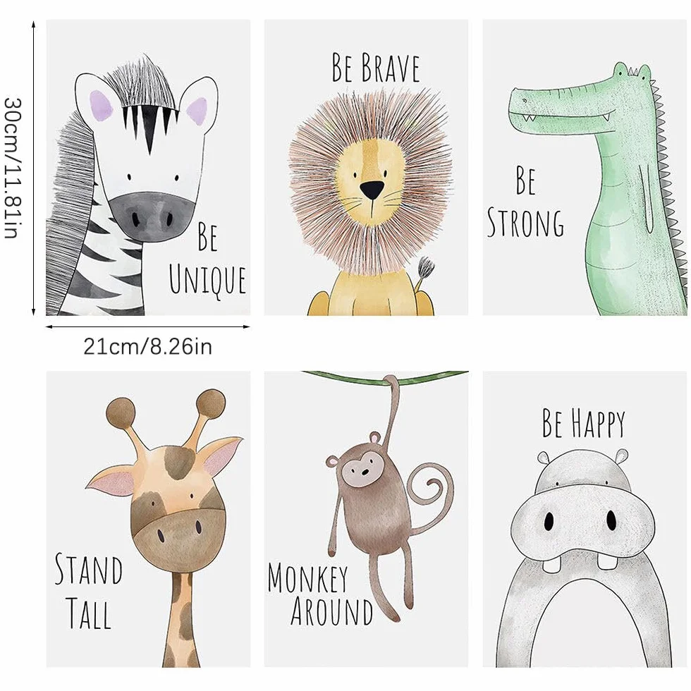 Hwtcjx Set di 6 immagini per la Cameretta dei Bambini, Quadri Cameretta Bambino, Decorazione per Bambini, Quadri per Camera Bambini, Animali Della Foresta, Safari, Senza Cornici (20 x 30 cm) (Set 1)
