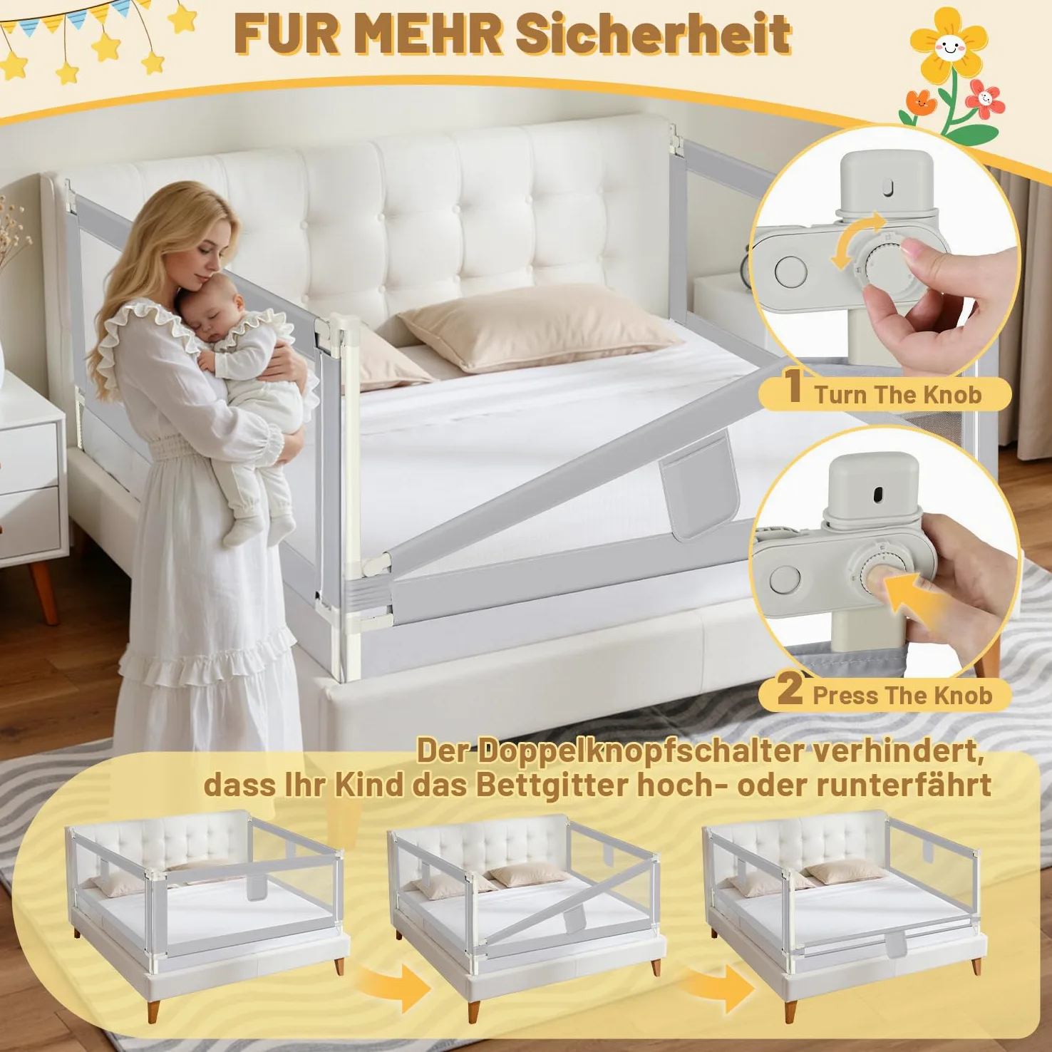 Ikodm Zanzariera per letto 180 cm x 2 + 150 cm x 1, griglia di protezione regolabile in altezza 64 – 96 cm, per neonati e bambini, con interruttore a doppio pulsante, facile da montare, grigio