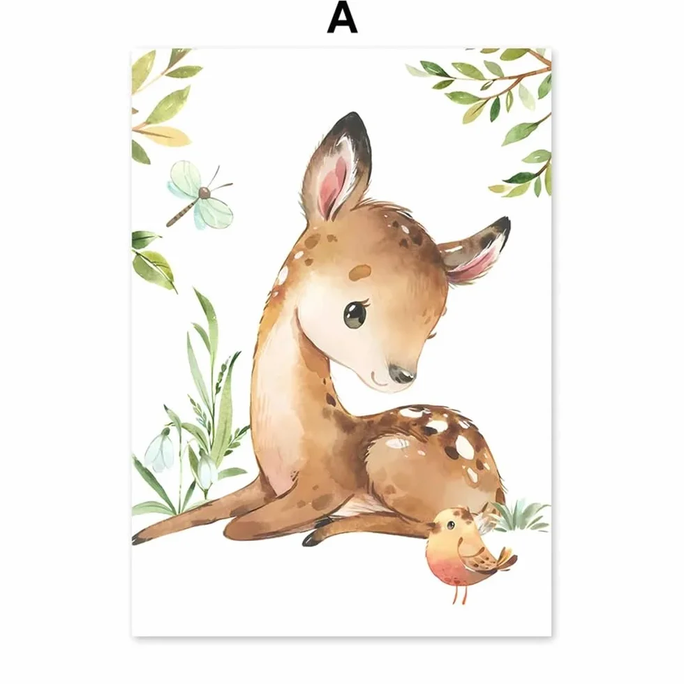 Youihom 6 Quadro Animali Bosco Quadretti Personalizzati Bimba Poster con Lettere del Nome Bambini Stampe Cameretta Neonato Volpe Orso Scoiattolo Cervo Marrone Verde Quadri Tela 21x30 senza Cornice