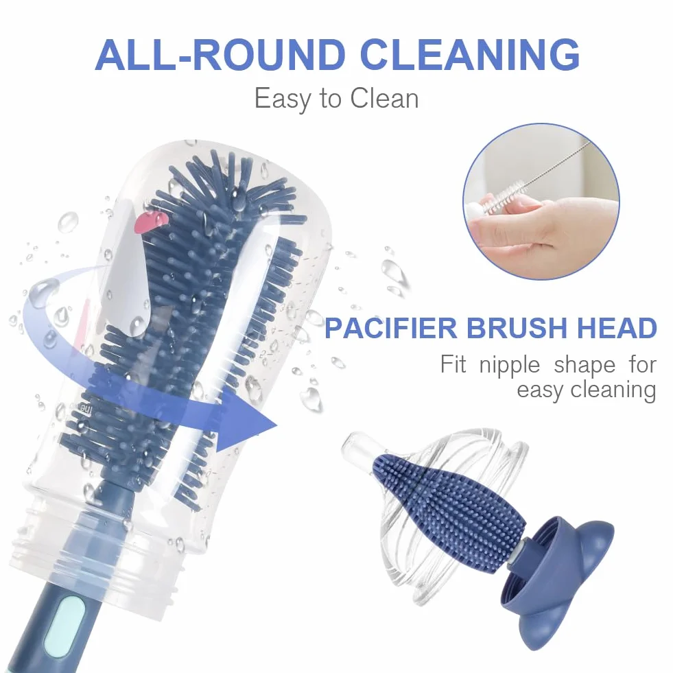 Vicloon Spazzola per Biberon, 3 in 1 Spazzola per la Pulizia di Biberon e Ciuccio, Scovolino in Silicone per la Pulizia, Tettarella, Cannucce, Blu Roccia