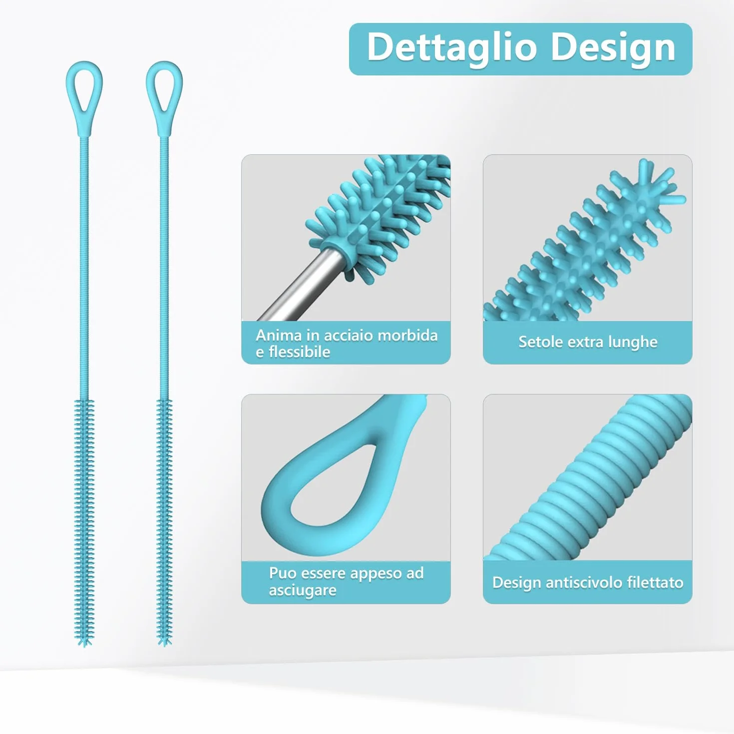 Spazzola Cannucce Silicone, 2Pezzi Scovolino per Cannucce Riutilizzabile per Vetro Metallo Frullati Cannucce e Tazze Cannuccia, Impugnatura Antiscivolo Morbida e Pieghevole, 6mm+9mm, Blu