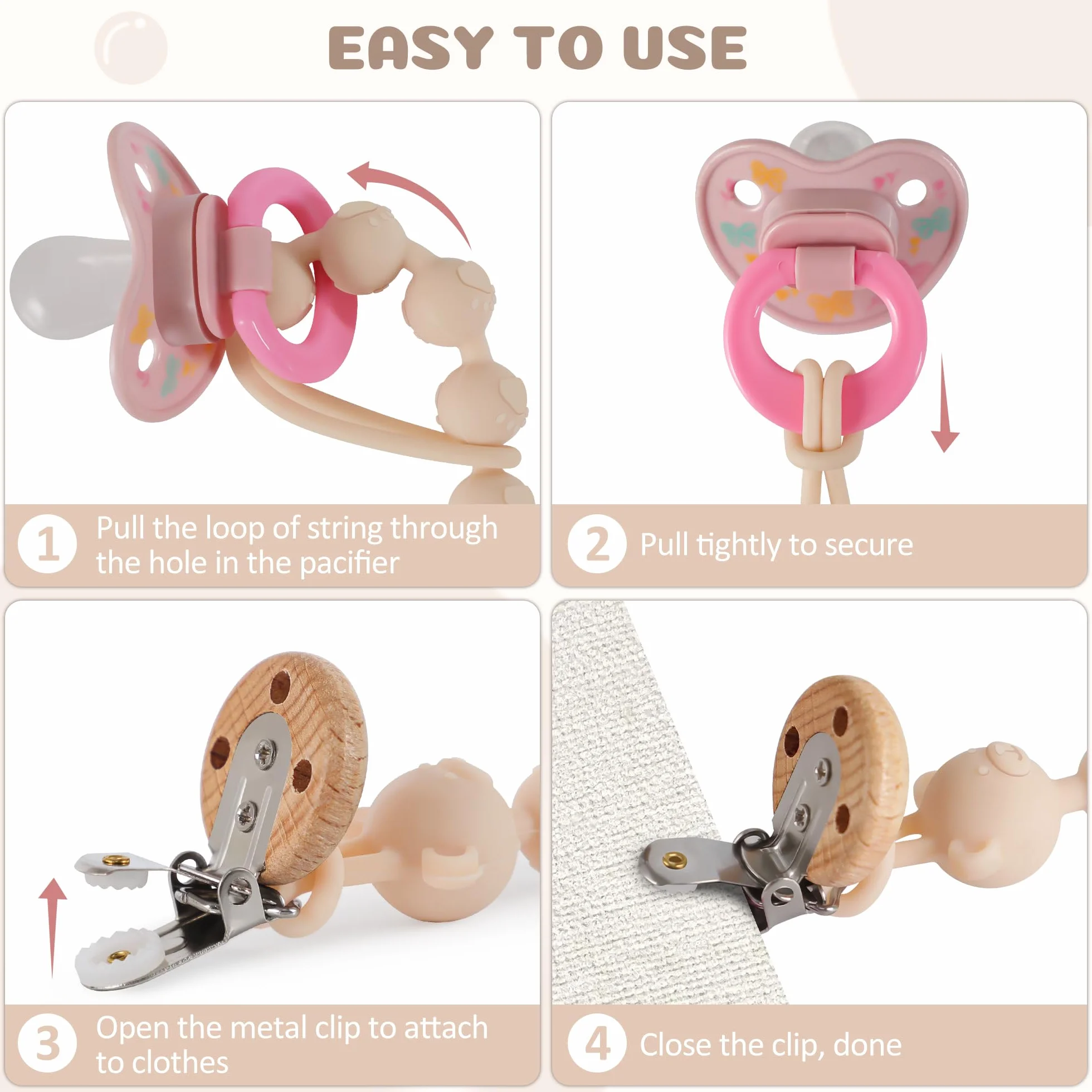 Set da 3 Catenella Portaciuccio in Silicone, Design Monoblocco Catenella Ciuccio per Bambine e Bambini, Portaciuccio Senza BPA, Elastiche e Robustezza (Crema Marrone Grigio)