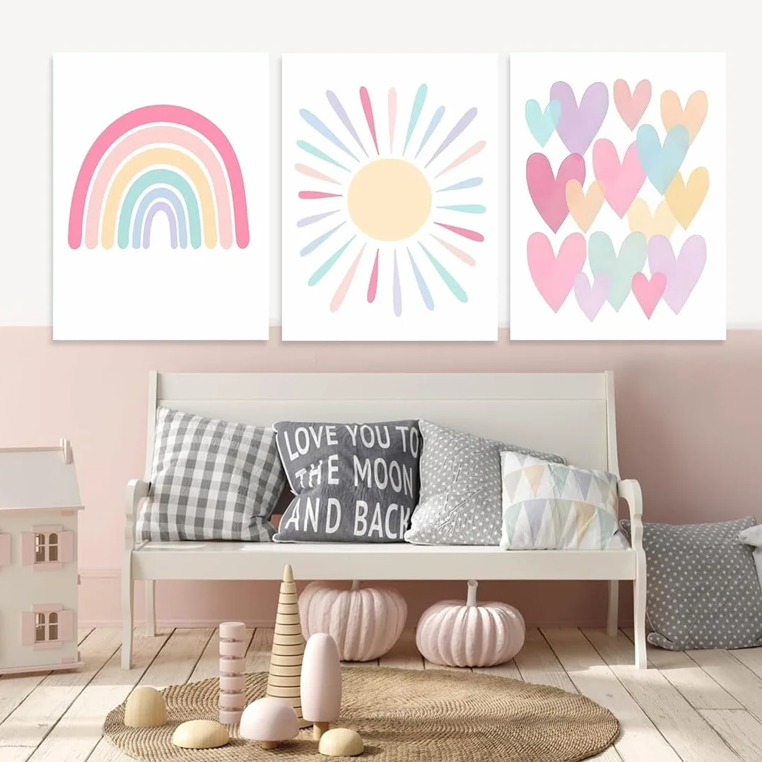 Set di 3 Poster Decorativi per Cameretta dei Bambini, Poster Arcobaleno, in Tela, Senza Cornice: Immagini Colorate per Decorare Soggiorno, Camera o Regalare a Ragazzi e Ragazze