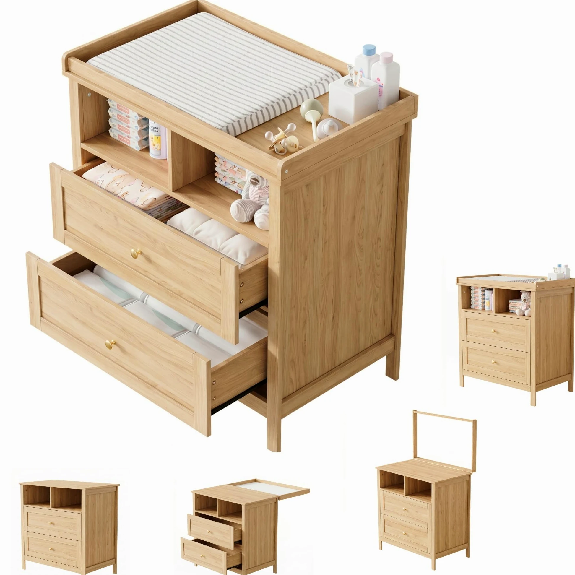 Merax Fasciatoio con fasciatoio multifunzione, fasciatoio per bambini con fasciatoio rimovibile, cassettiera con cassetti e spazio portaoggetti, fasciatoio convertibile, effetto legno, 82 x 50 x 90 cm