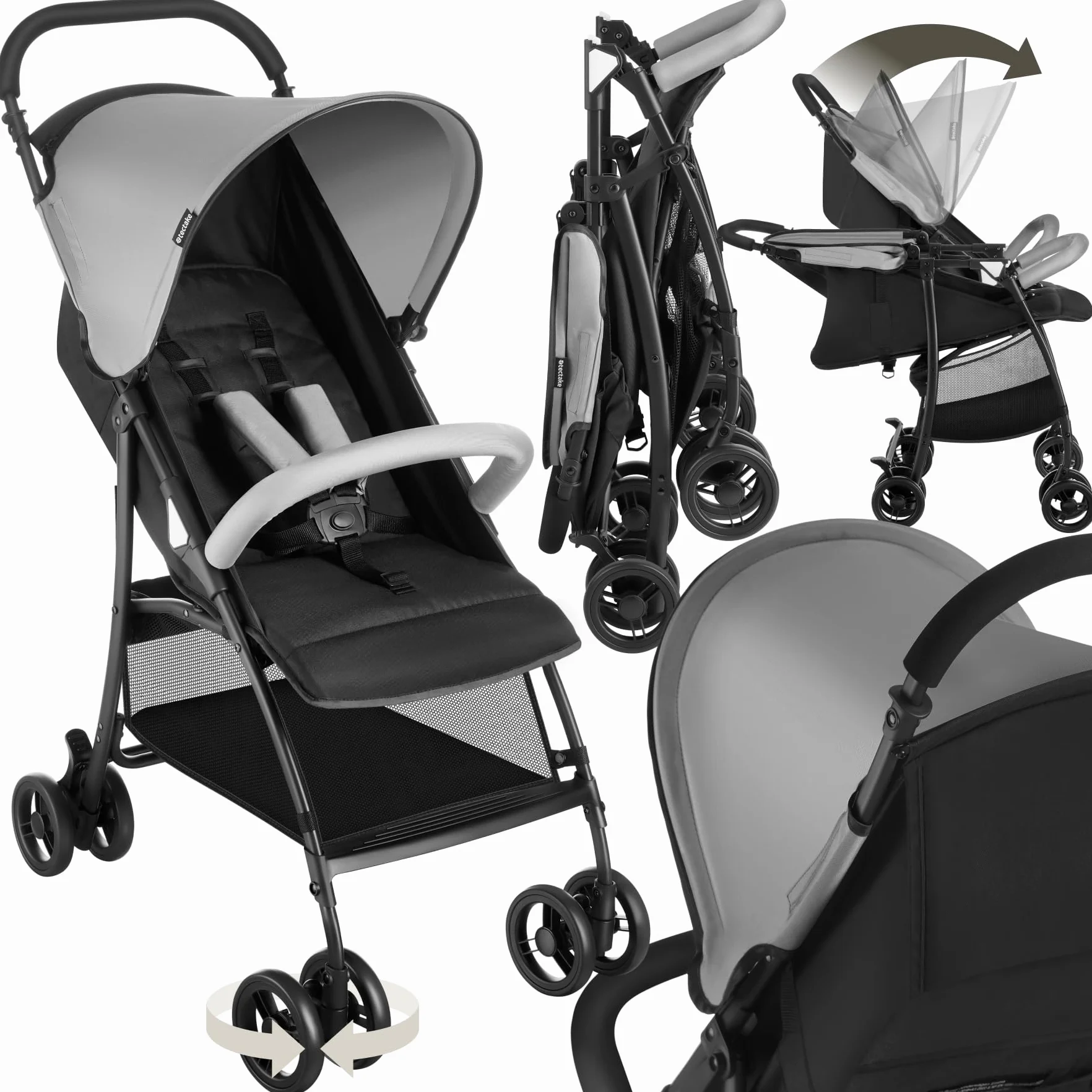 tectake® Passeggino Pieghevole per Bambini da 0 a 3 Anni, Passeggino Leggero con Cintura a 5 Punti Regolabile, Freno a Pedale, Tettuccio Parasole, Ruote Girevoli, Freno a Pedale – Nero
