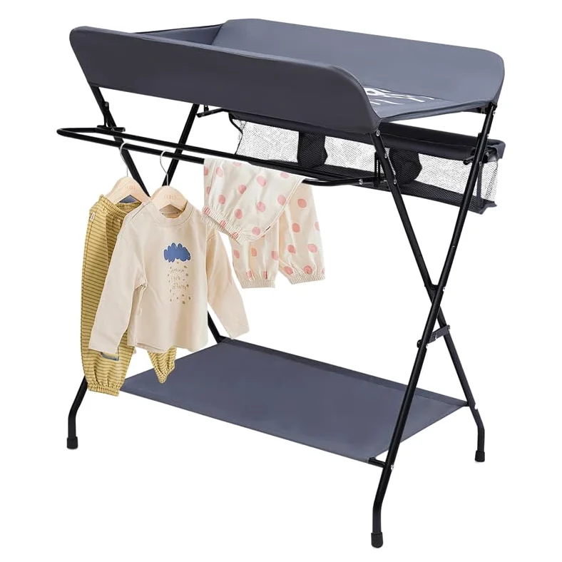 Fasciatoio Pieghevole per Bagnetto Neonati Fasciatoio Portatile Cambio Pannolini con Tasche a Rete e Scomparti Portaoggetti Fasciatoio per Bambini (80 * 57 * 96cm-Grigio)
