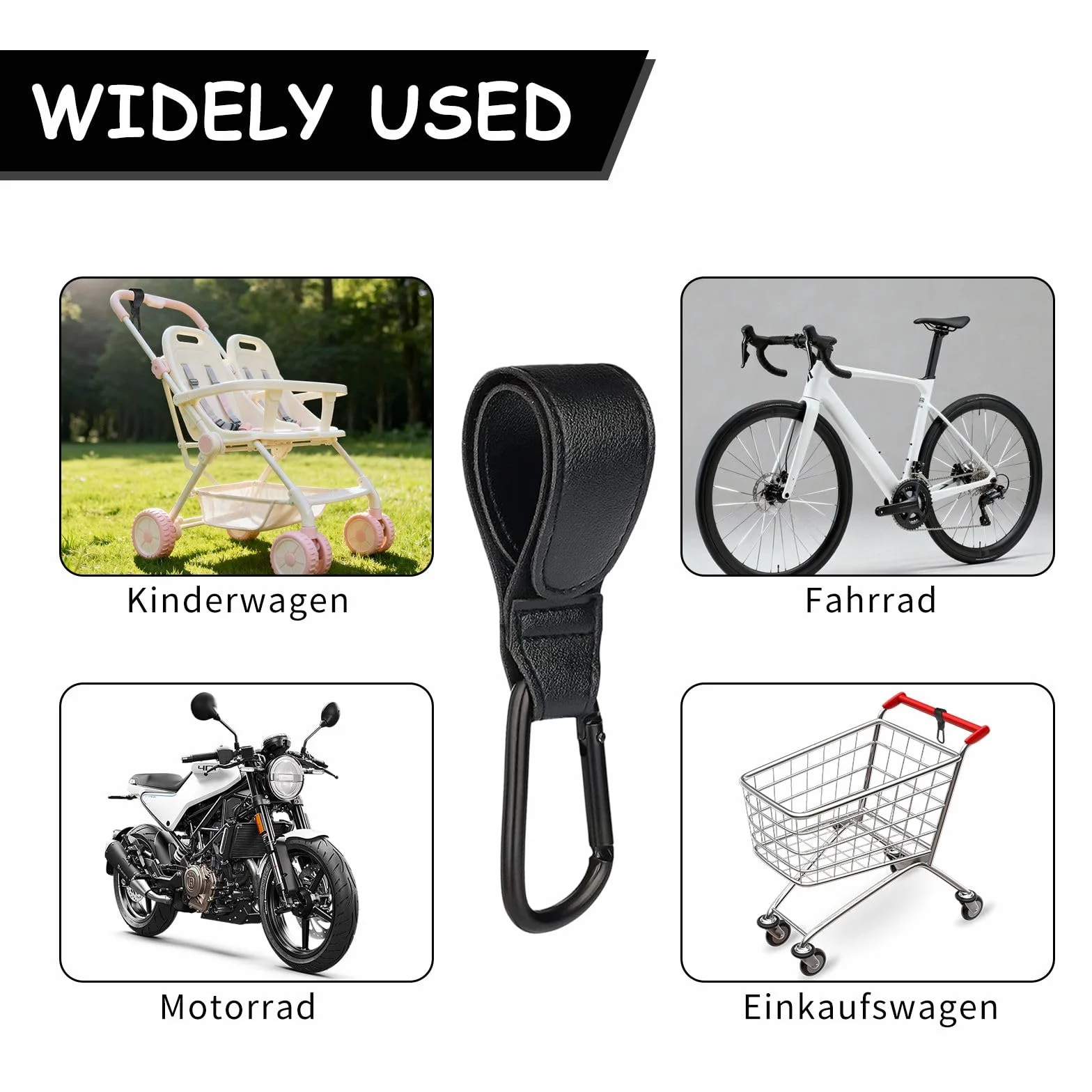 Gancio universale con chiusura in , pelle PU e struttura in alluminio, portata 25 kg per passeggino, sedia a rotelle e bagagli