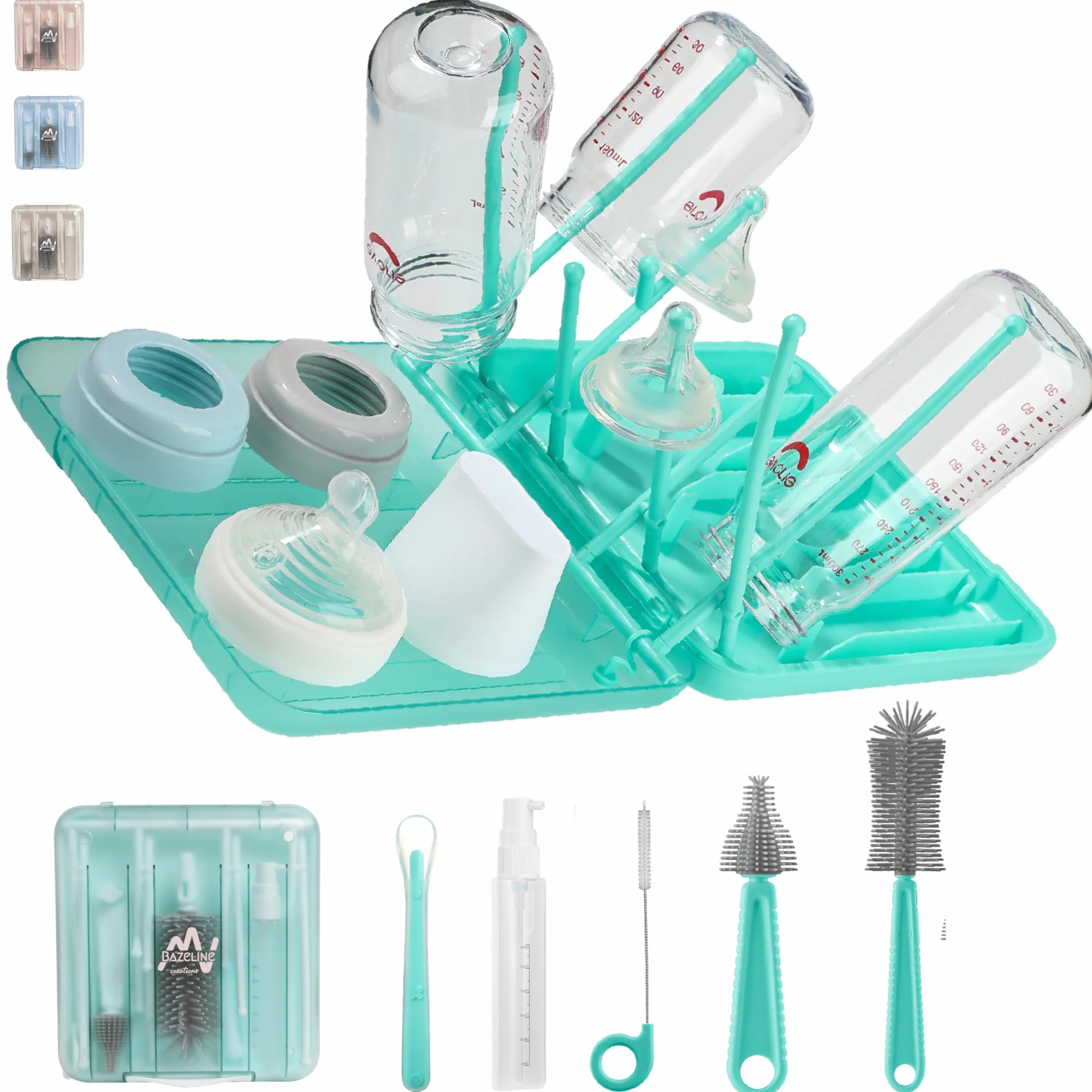 Set di pulizia per biberon 7 in 1: spazzola per bottiglie, spazzola per tettarella, spazzola per paglia, dispenser per sapone, cucchiaio, supporto asciutto per biberon, contenitore