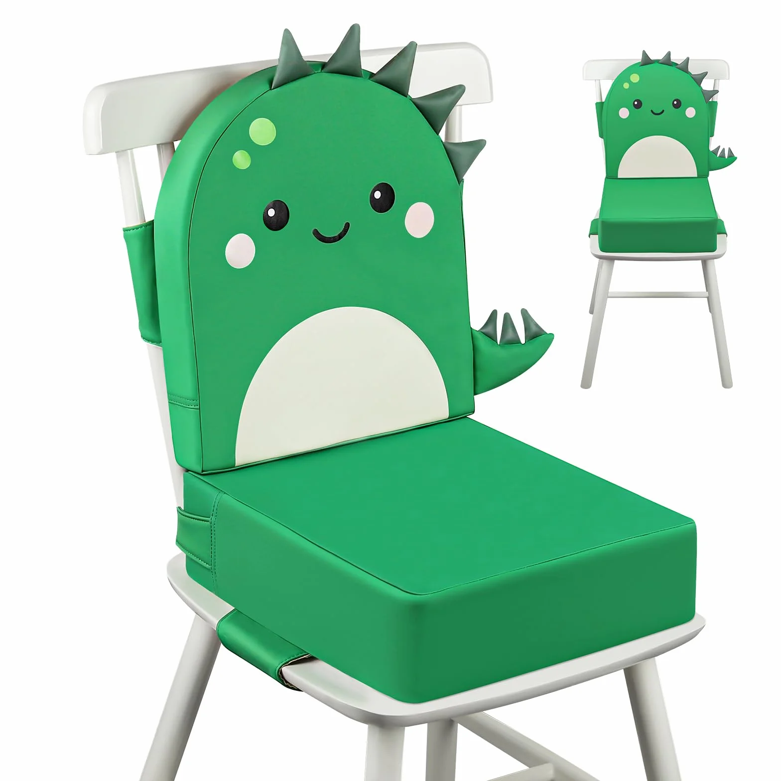 Rialzo Sedia per Bambini 2 Pezzi, 10cm PU Portatile Alzasedia Da Tavolo, Cuscino Sedia, con Cinghie Regolabili per Seggioloni Alza Sedia - Dinosauro Verde