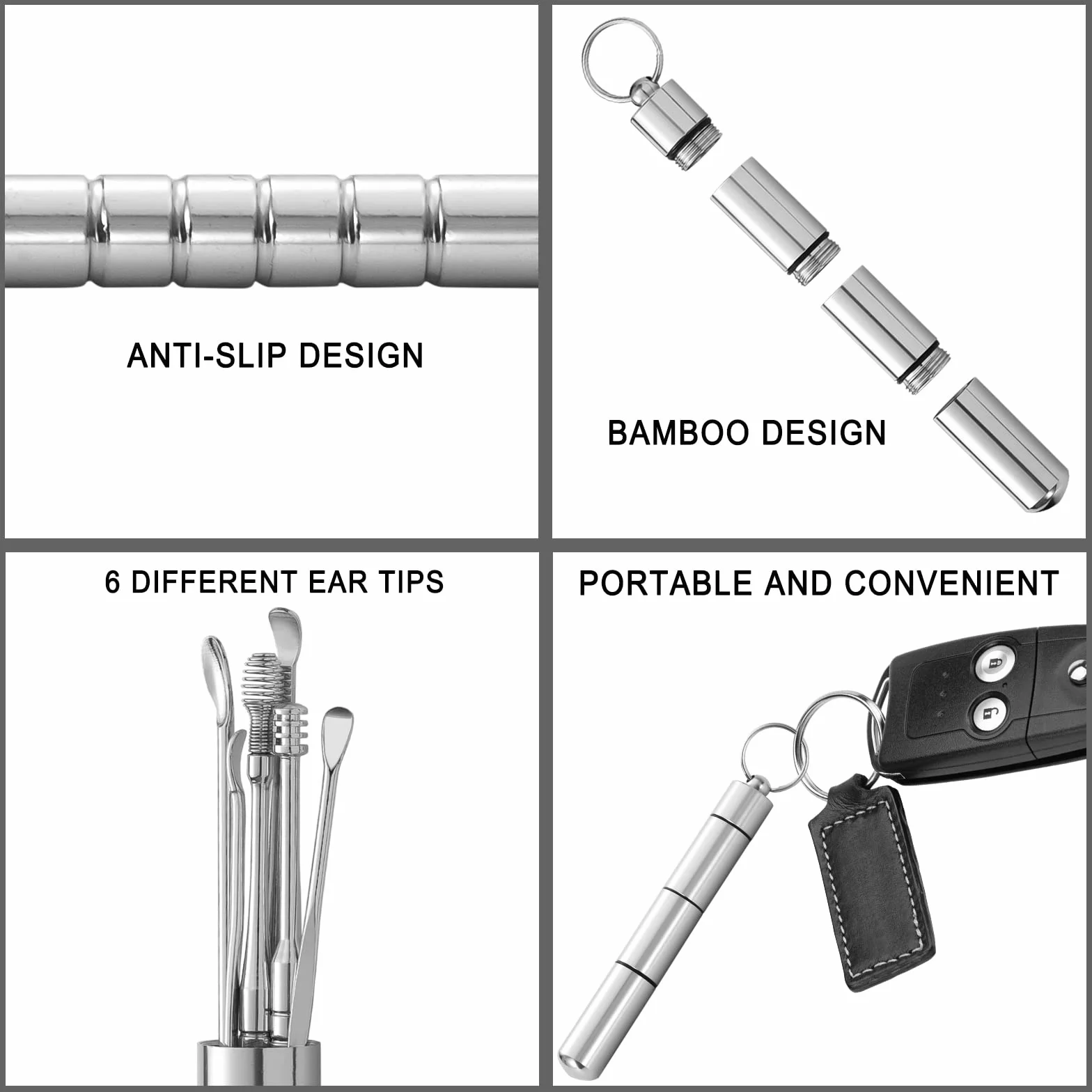 Cucchiaio per Orecchie Kit di Rimozione del Cerume Pulisci Orecchie in Acciaio Inossidabile con Scatola Portatile Argento 6 Pezzi