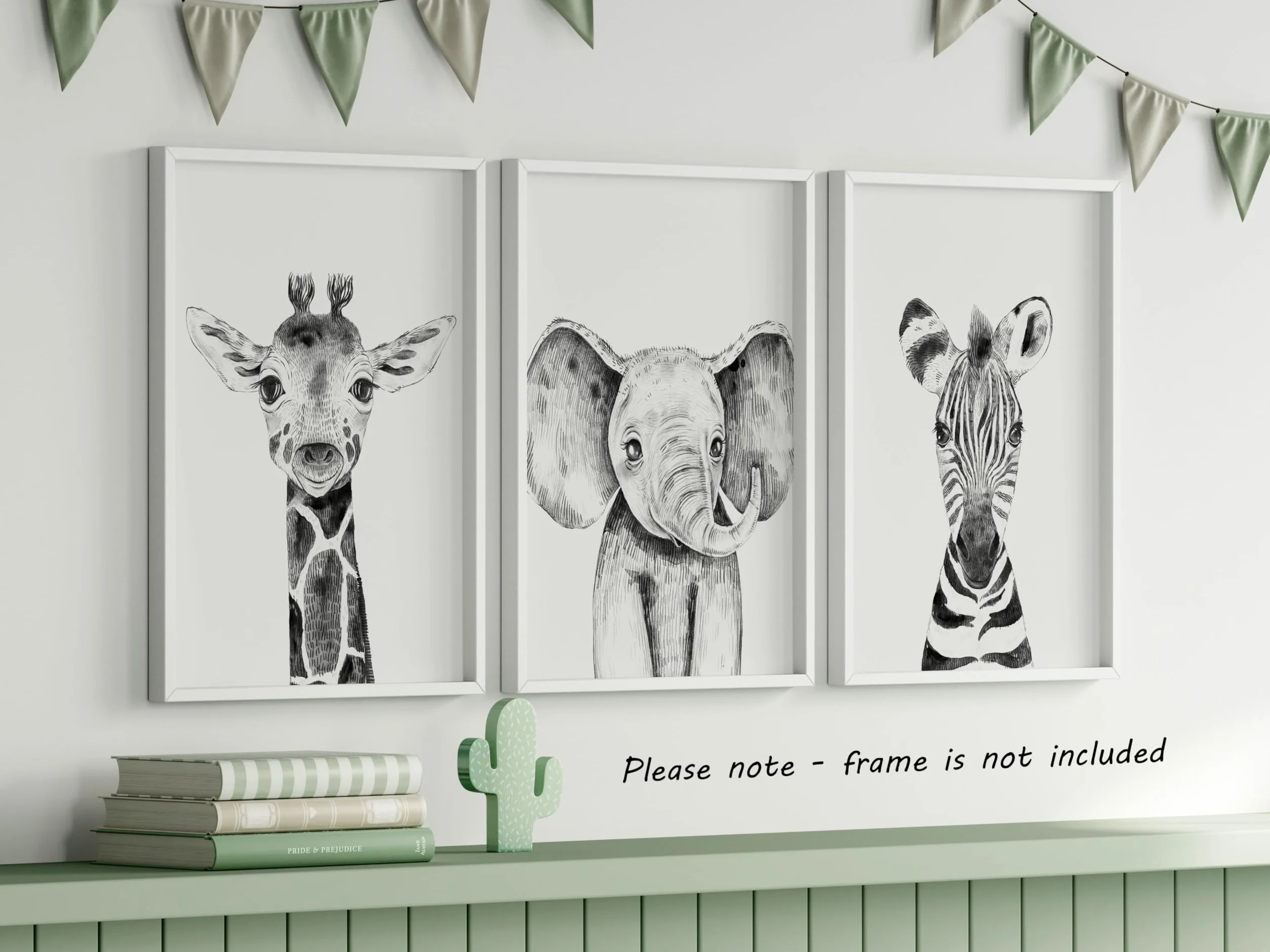 Eviepops Prints Quadri Cameretta Bambini Safari – Set di 3 Stampe Animali Elefante, Giraffa, Zebra Stile Bianco e Nero Decorazione Parete Bambini Senza Cornice (A3)