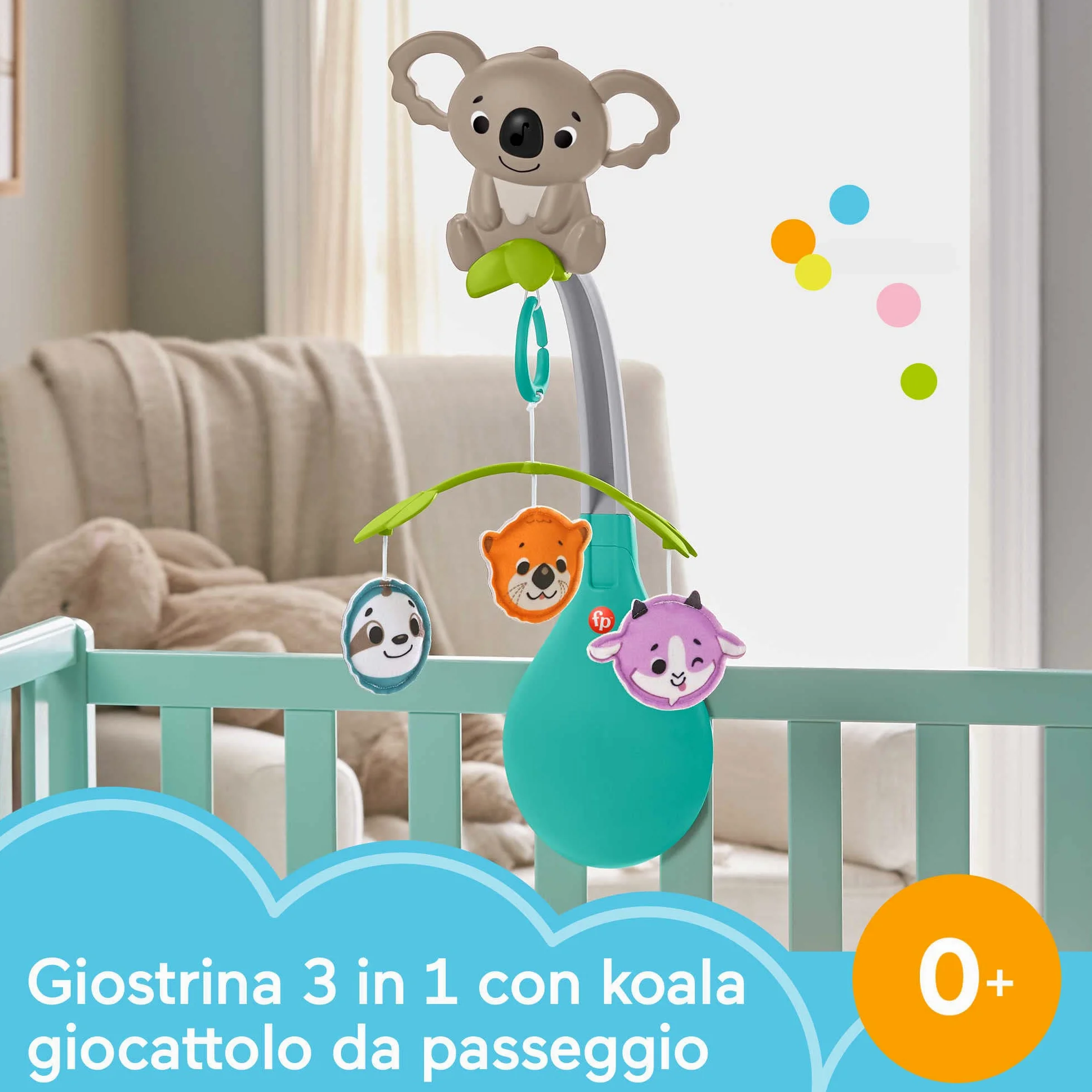 Fisher-Price - Giostrina Gioco e Relax 3-in-1, Include Un tenero Koala e 3 Giocattoli a Due Lati da Appendere, per culle, passeggini e da Portare a Passeggio, Giocattolo per Bambini, 0+ Anni, HGB90