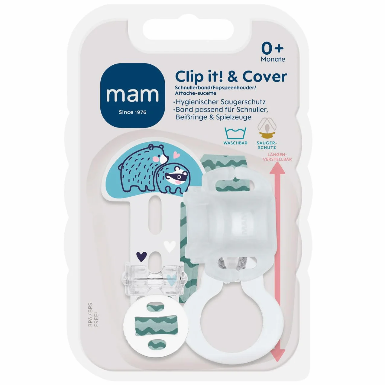 MAM Clip it ! Fashion & Cover - Catenella portaciuccio con tettarella // Set da 2 pezzi // lunghezza regolabile, lavabile