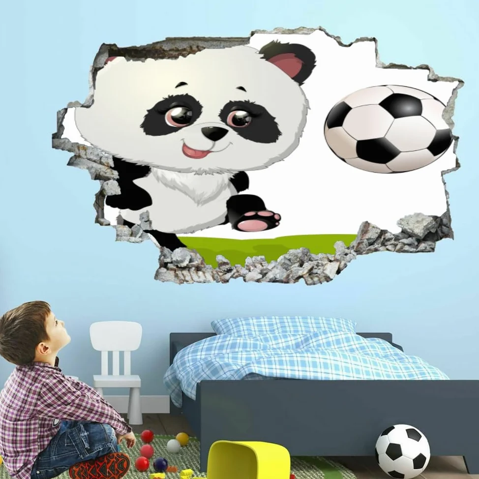 Adesivi Murali Murales Fracassati 3D Panda Decalcomanie Per Pavimenti In Impermeabile Art Calcio Per La Camera Da Letto, La Decorazione Della Parete Della Scuola Materna 120x80cm