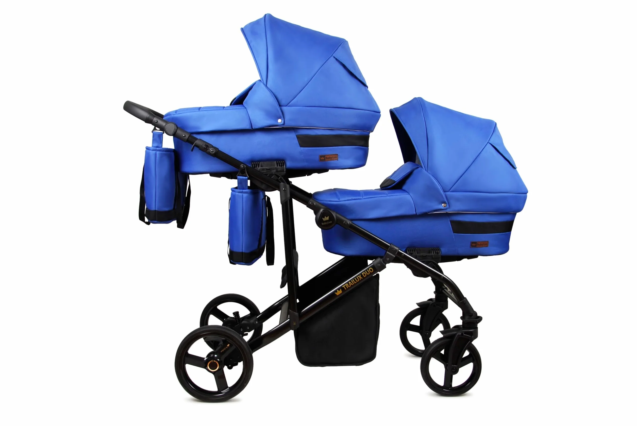 BabyLux® Bambini Passeggino per gemelli Completo Set 3 in 1 - Duo | Sapphire - Navicella, Canna, Seggiolino Auto - Carrozzina Neonati Sistema Combinato - con Borsa fasciatoio, Copertura antipioggia