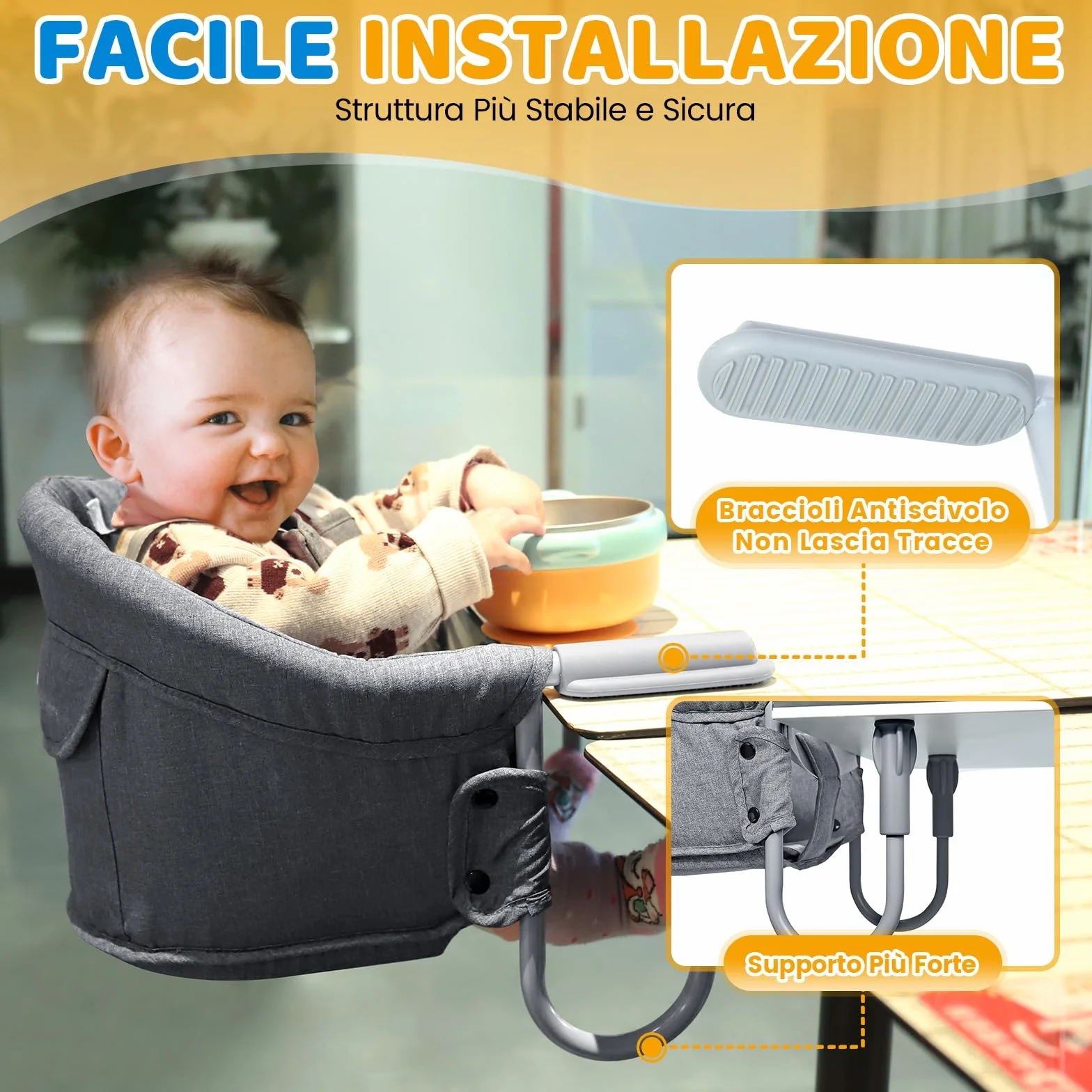 Orzbow Seggiolino da Tavolo per Bambini, Sedia da Tavolo per Bambini con Imbracatura a 5 Punti, Tappetini per l'imbottitura della Tracolla, Facile da Trasportare,per l'uso Domestico e Viaggi, Grigio