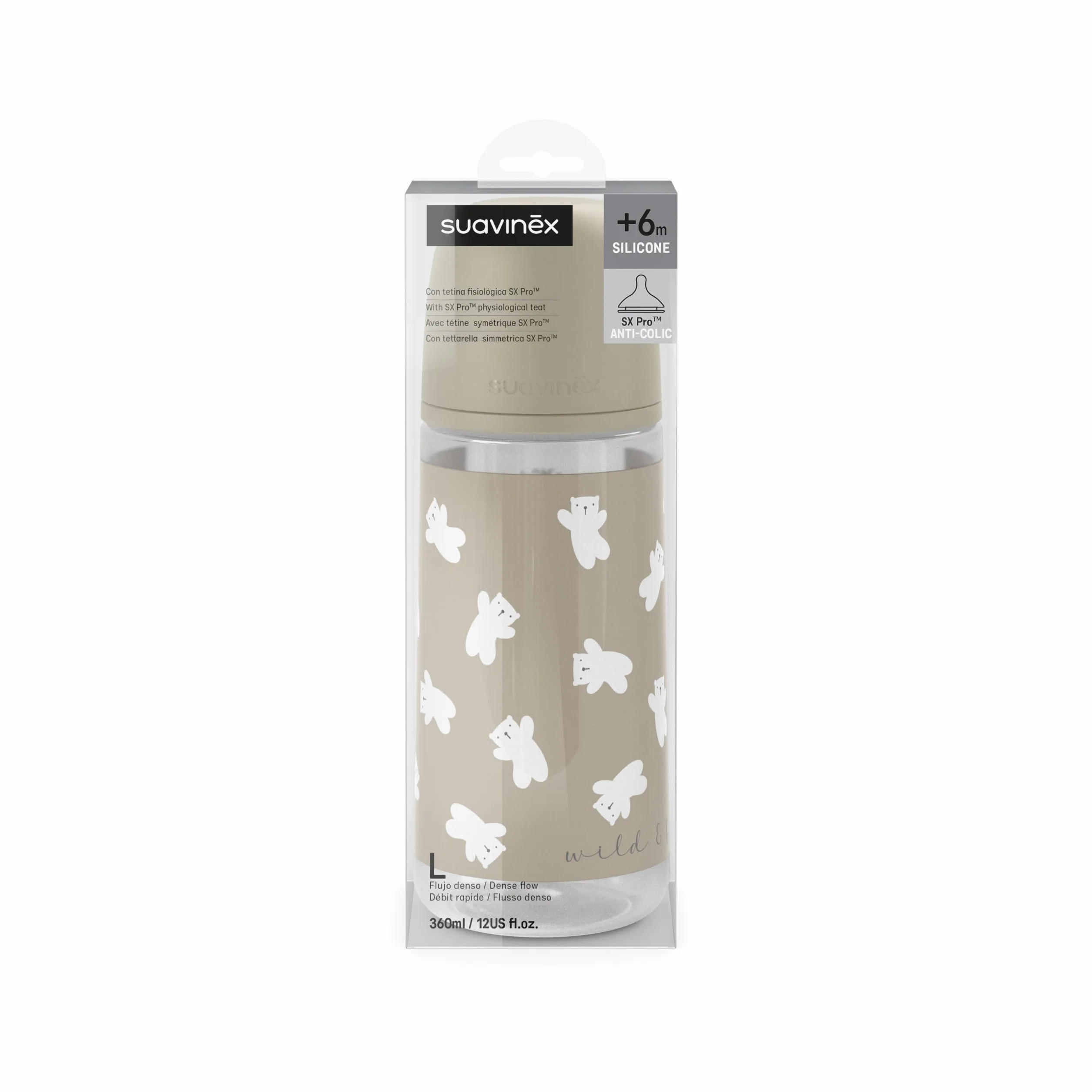 Suavinex, Biberon da 360 ml con Tettarella Fisiologica SX Pro in Silicone con Valvola Anticolica, a Flusso Denso (L), per Liquidi Densi, Adatto per Pappe Liquide. Neonati +6 mesi. Wild&Free, Beige