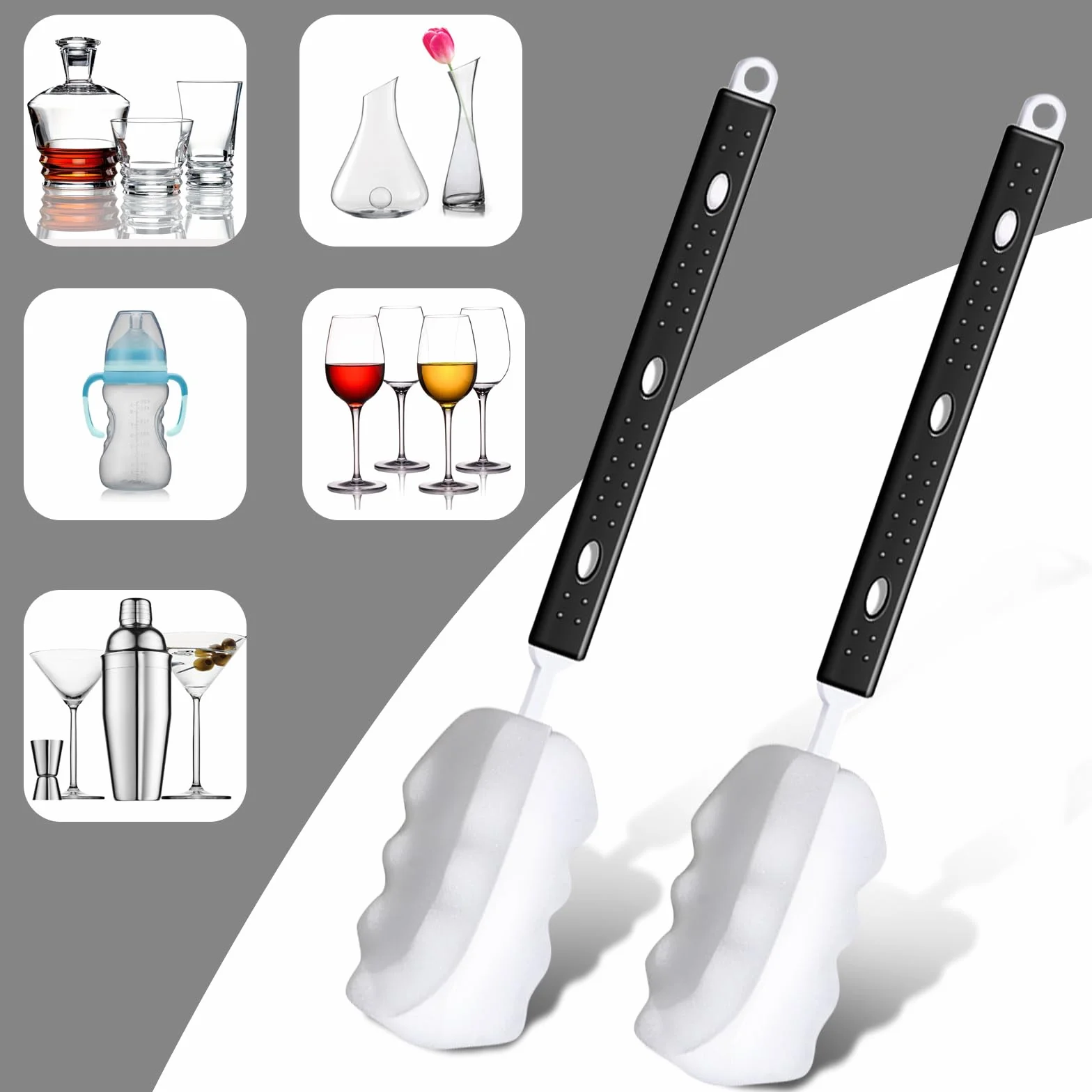 2 pezzi Scovolino per Bottiglie in Spugna, Scovolino Bottiglie, Manico Regolabile Scovolino per Borraccia, Spazzola per Bottiglie, Pennelli per Bottiglie per Biberon, Vetro, Tazza, Bollitore, Vaso