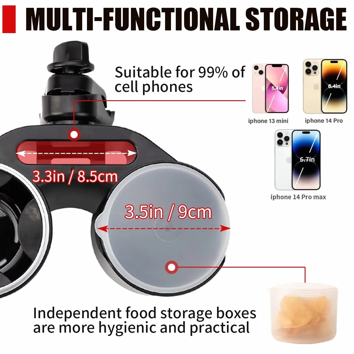 Portabicchieri per Passeggino,3 in 1 Vassoio per La Merenda Del Passeggino,Con 2 Ganci Per Passeggino e 1 Scatola Per La Raccolta di Snack Individuali，Con Supporto Per Telefono Cellulare