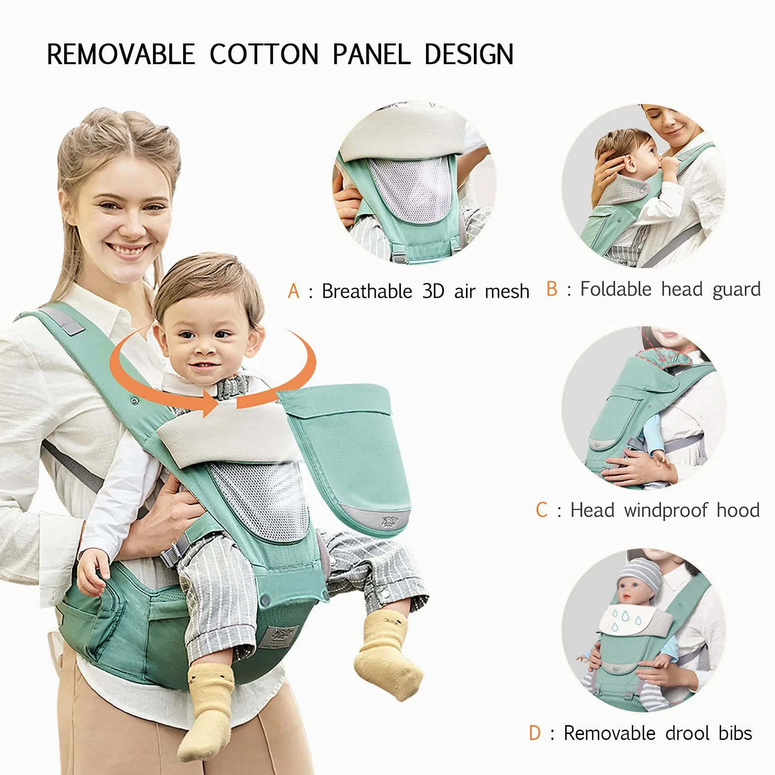 SONARIN Marsupio Neonati Multifunzione 3 in 1 con Sedile,Puro Cotone 3D Air Mesh Portantina Traspirante per Bambini 0-36 Mesi,Ergonomico,Regolabile,Tutte le Posizioni,Fino a 30 KG(Grigio Chiaro)