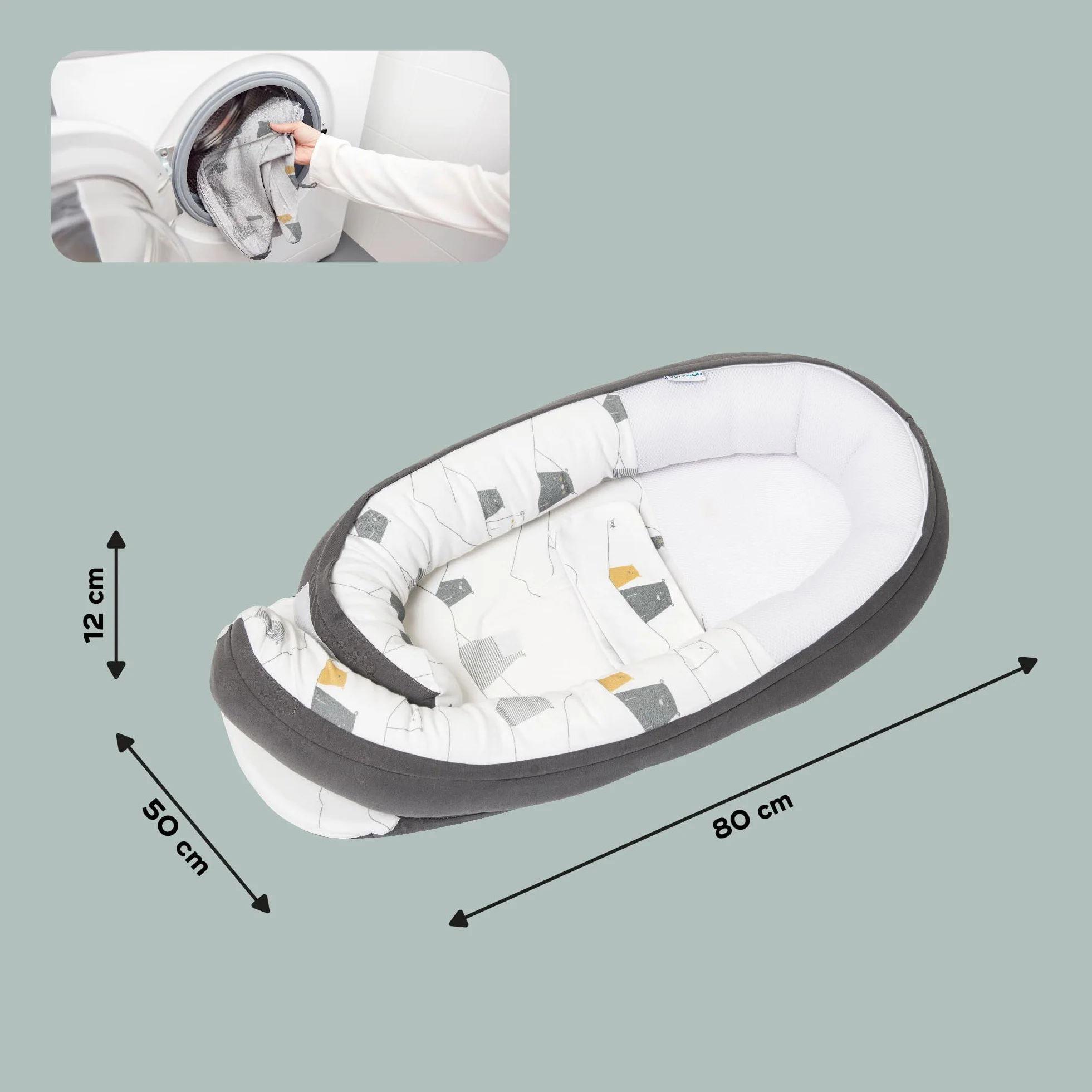 doomoo Riduttore neonato Cocoon Bear Grey, evolutivo, traspirante, 0-8 mesi