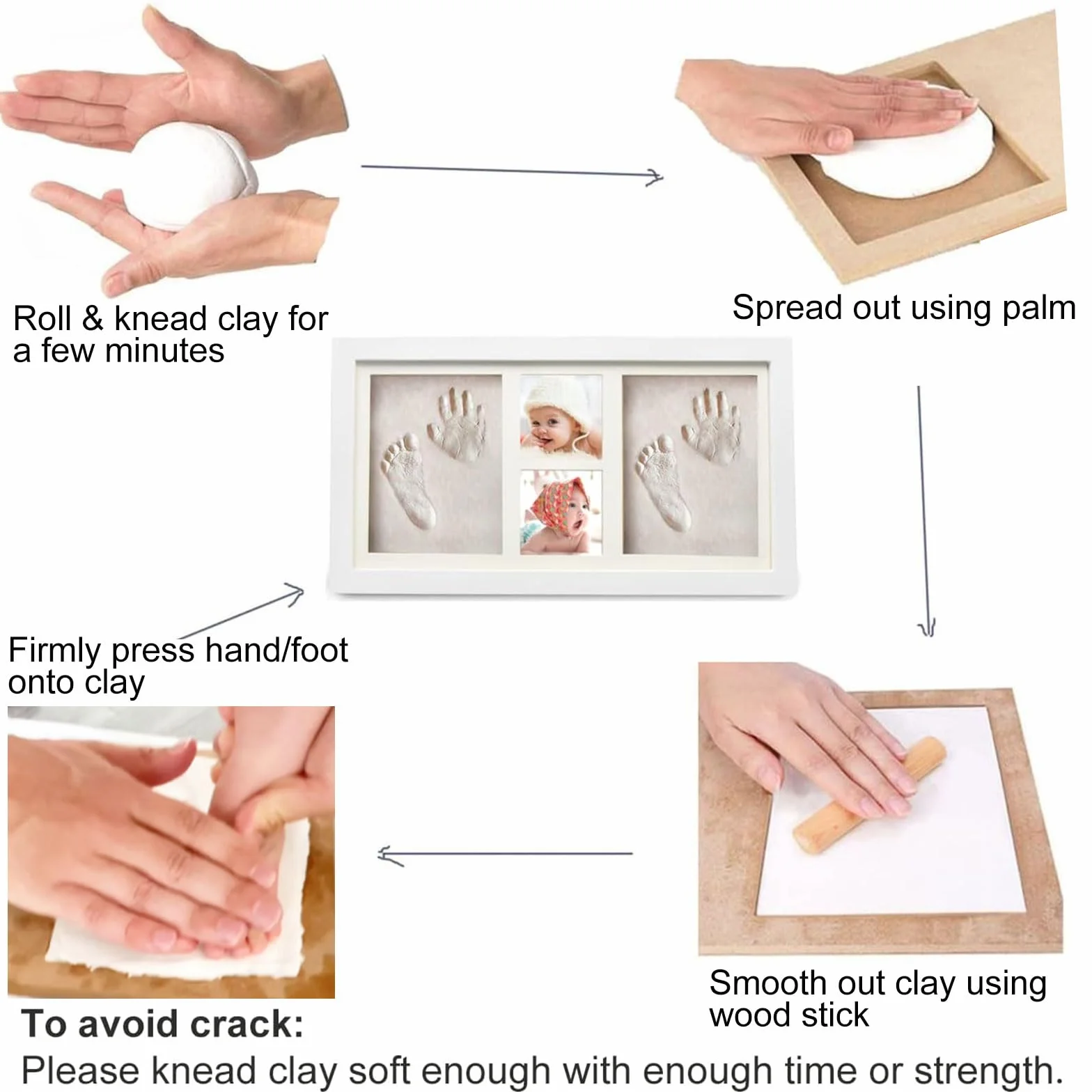 Kit con Cornice in Legno Per Impronte di Neonati, per Piedi e Mani, con 6 confezioni di Cornici in Argilla, regalo per neonata femmina e regali neonato maschio-Regali Battesimo Bimbo