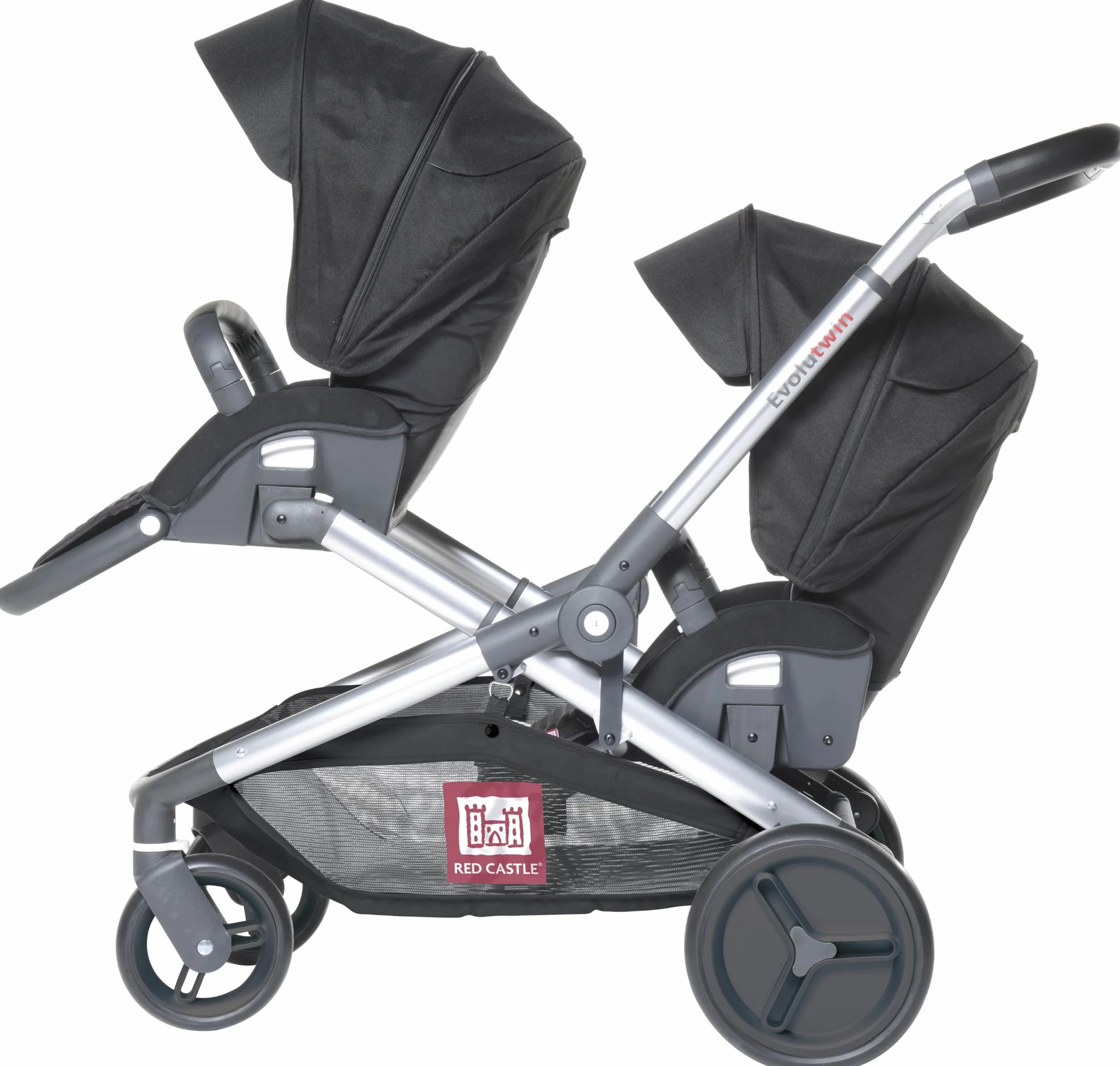 RED CASTLE, Passeggino Gemellare/Tandem/Doppio, dalla nascita, sedute reversibili con schienale reclinabile a 3 posizioni, grande cestino portaoggetti, telaio regolabile e modulabile, Evolutwin,Nero