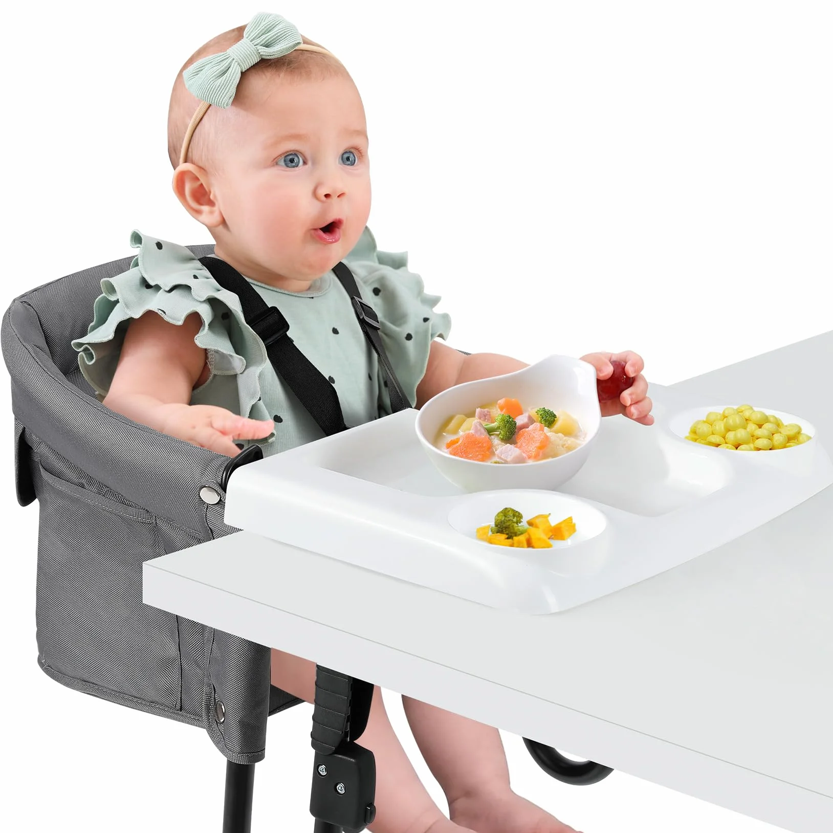 Ezebaby Seggiolone da tavolo pieghevole con cintura di sicurezza a 5 punti e borsa per il trasporto di spessore da 2,5 a 7,5 cm (grigio, con vassoio)