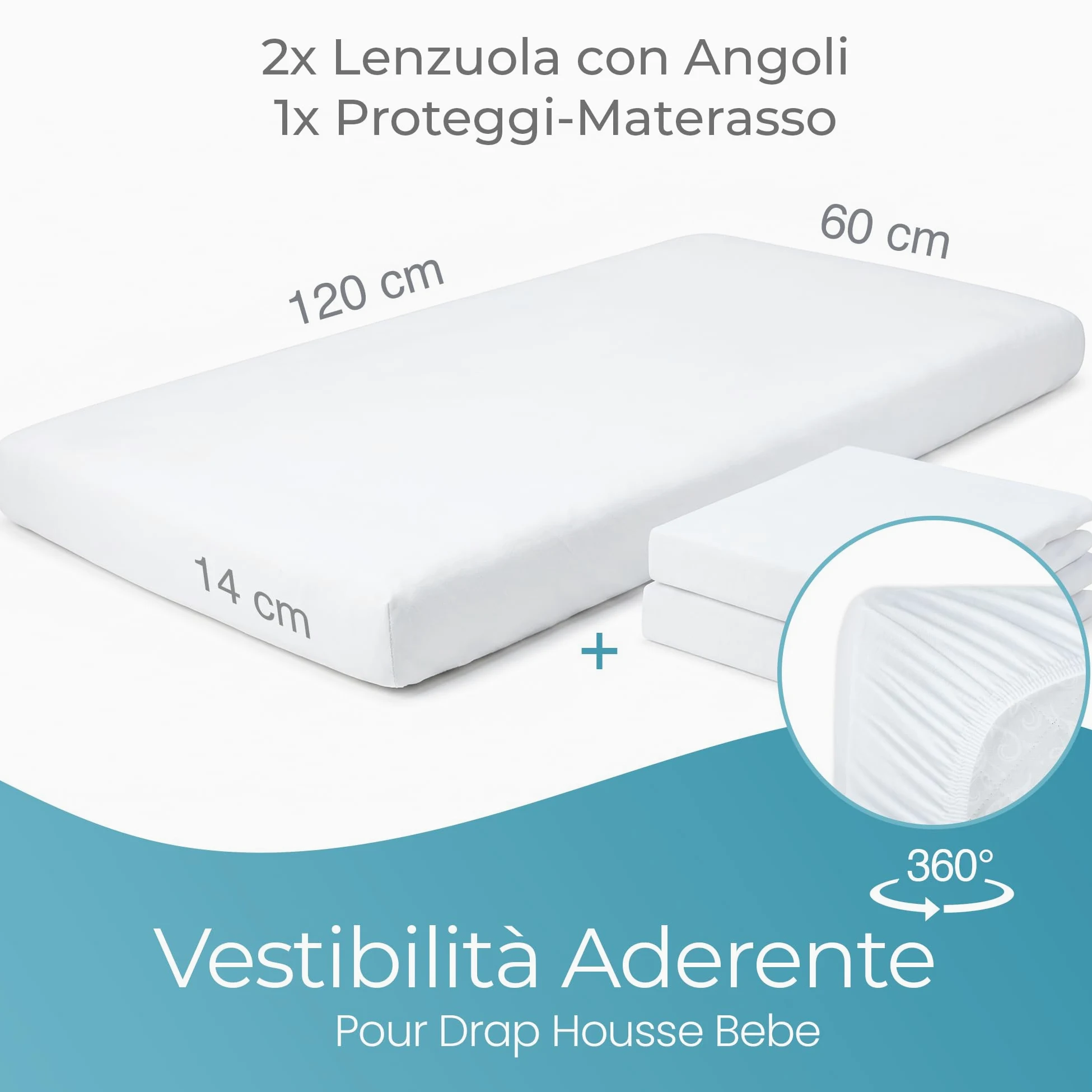 Comfier Sleep Set 3 Pezzi Con 2 Lenzuola Lettino Neonato 60x120 100% Cotone Con Angoli Biologico e 1 Coprimaterasso Lettino 60x120 100% Bambù Impermeabile, Bianco