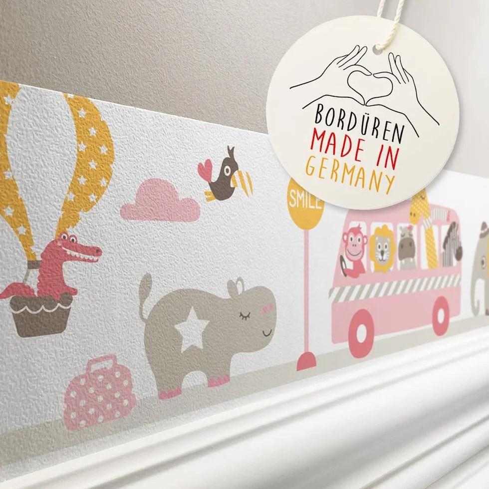bordo autoadesivo, 450 x 11,5 cm, con motivo di escursione degli animali, rosa/beige/giallo