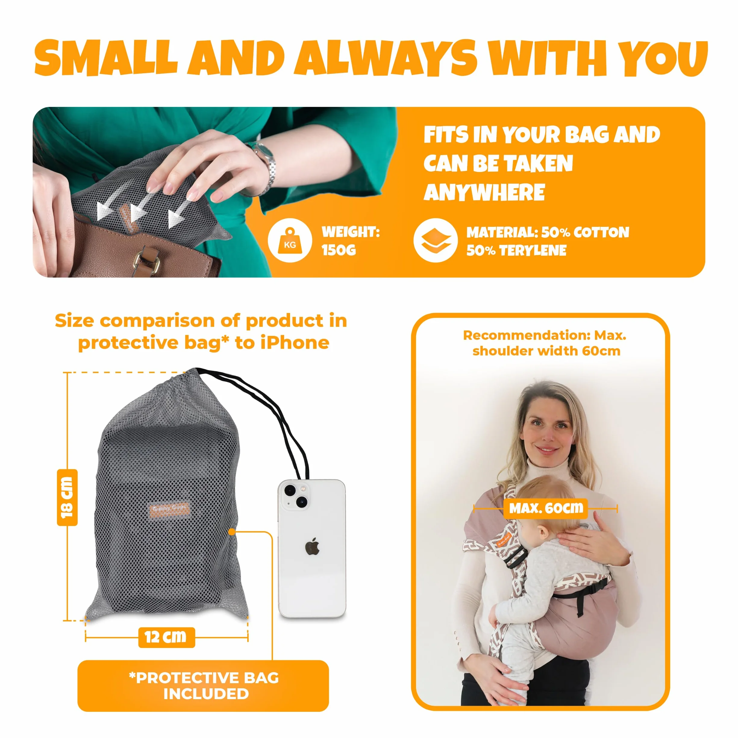Marsupio Laterale per Neonati e Bambini – Fascia Porta Bebè Ergonomica per Uso Quotidiano – Hip Carrier Leggero e Compatto fino a 15 kg