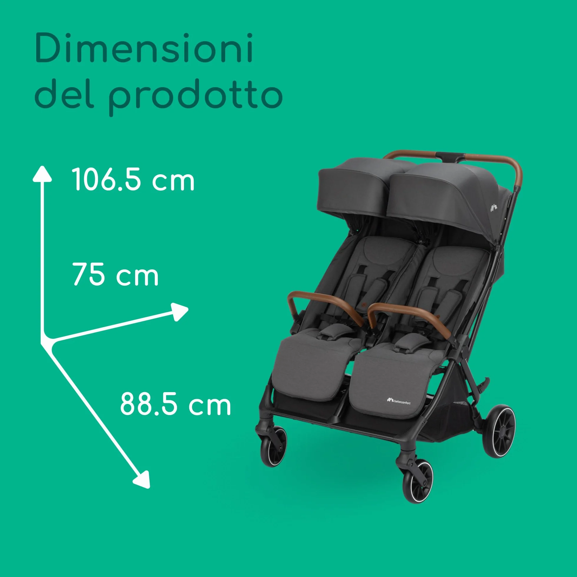 Bebeconfort Mane Passeggino Gemellare Leggero, 0-22 kg, Chiusura Automatica, Passeggino Doppio Pieghevole e Reclinabile, Corrimano, Parapioggia, Cestello Capiente (8 kg), Mineral Graphite